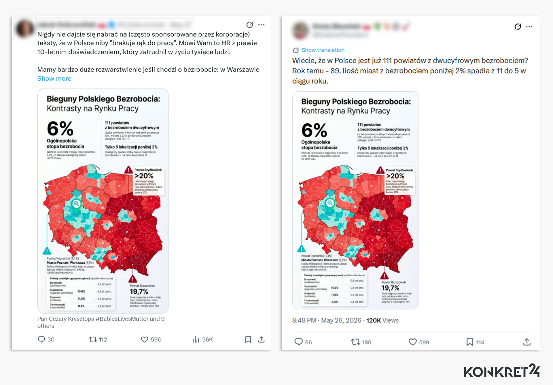Mapa pokazująca rzekomo stopę bezrobocia krąży po mediach społecznościowych 