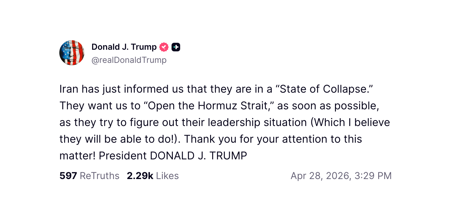 Trump: Iran poinformował nas, że jest w stanie upadku