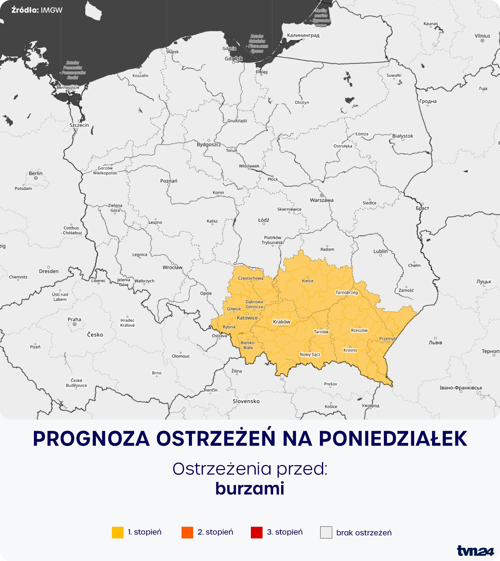 Prognoza zagrożeń na poniedziałek