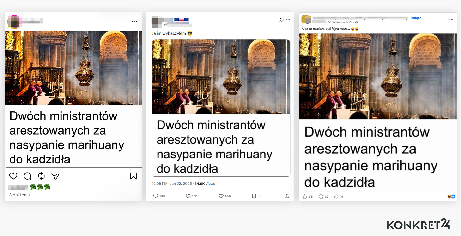 Informacja o ministrantach, którzy mieli do kadzidła dodać marihuanę, krąży na różnych plaftormach