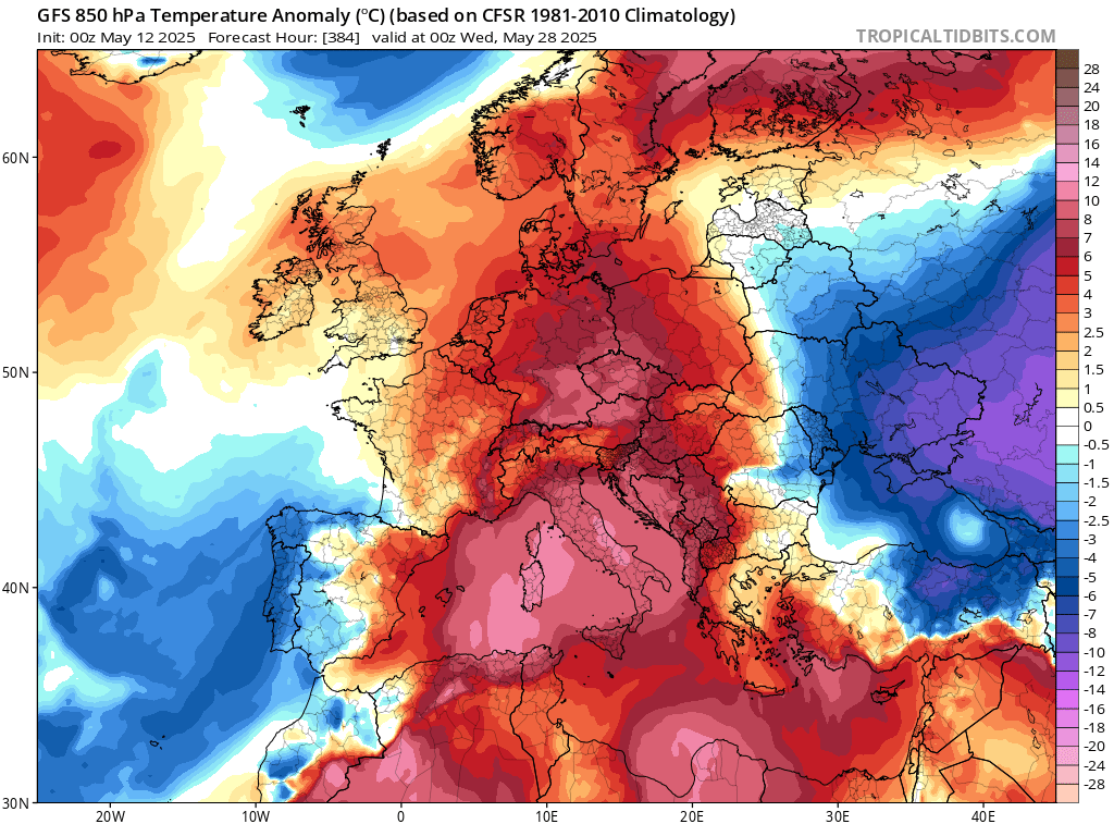 Klin ciepła od Afryki po Skandynawię 27/28 maja, prognoza odchylenia temperatury powyżej normy na wys. 1,5 km