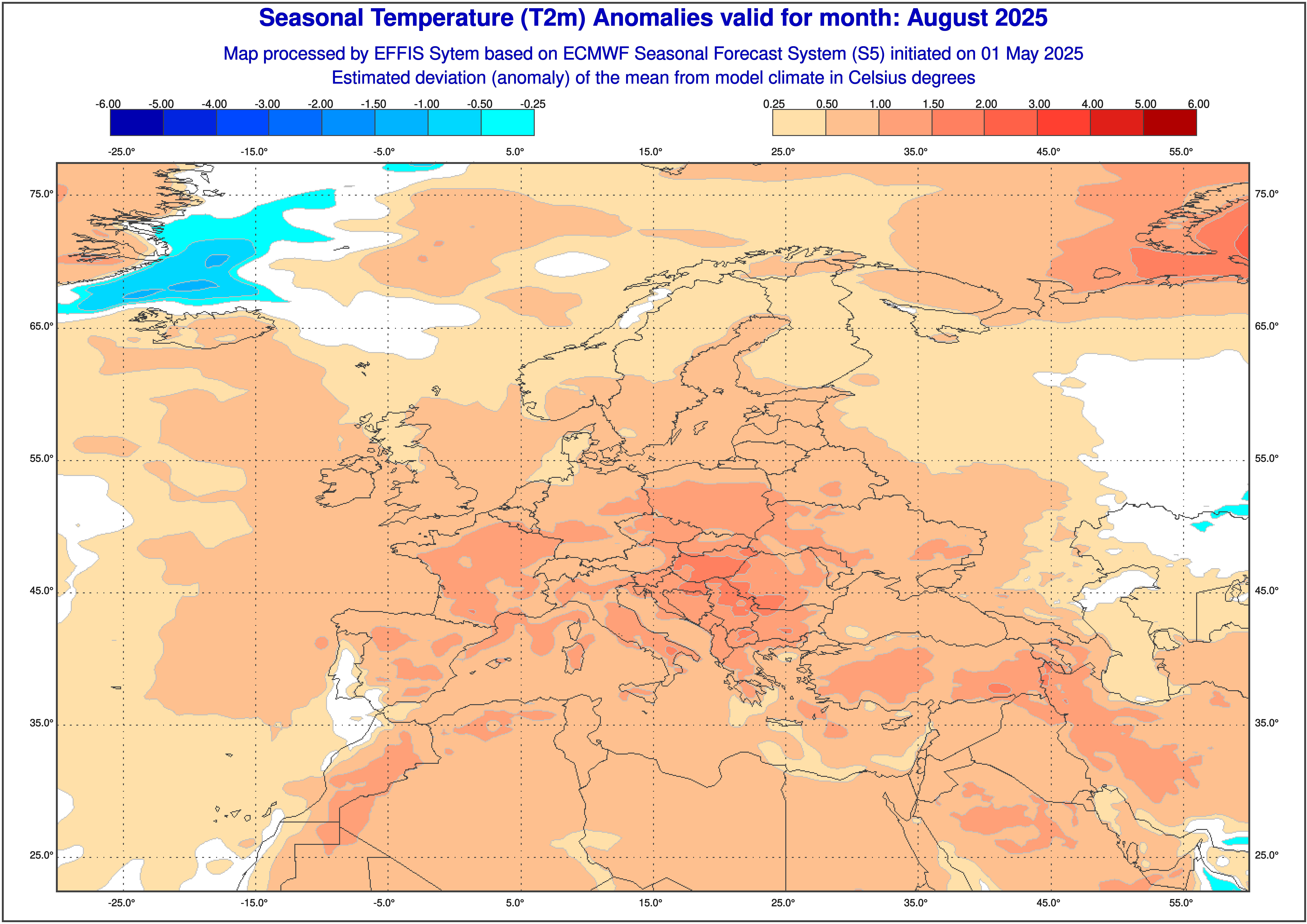 Prognoza odchylenia średniej temperatury powyżej normy w sierpniu