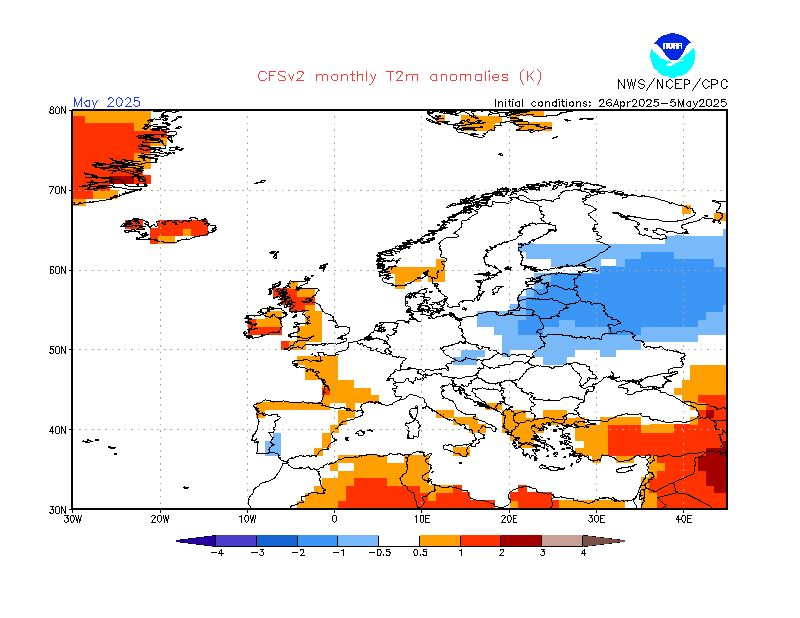 Prognoza odchylenia poniżej normy średniej miesięcznej temperatury dla maja