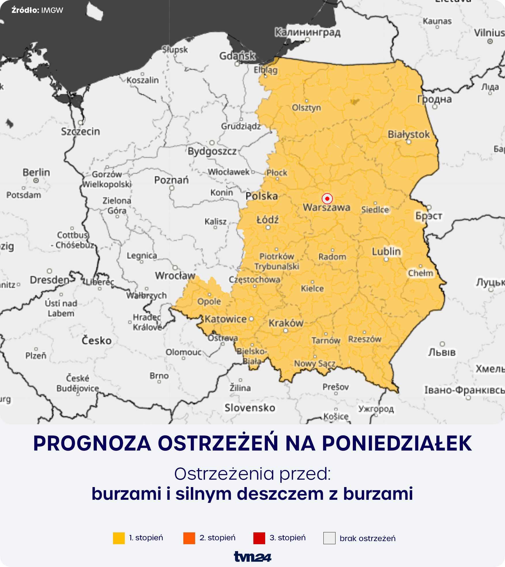 Prognoza zagrożeń meteorologicznych na poniedziałek