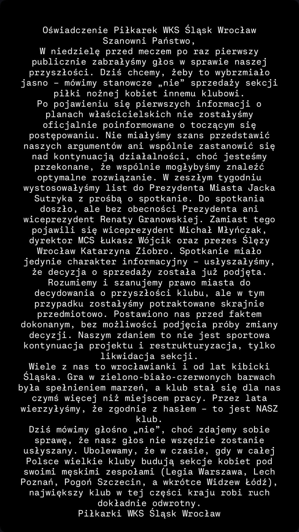 Oświadczenie piłkarek Śląska Wrocław