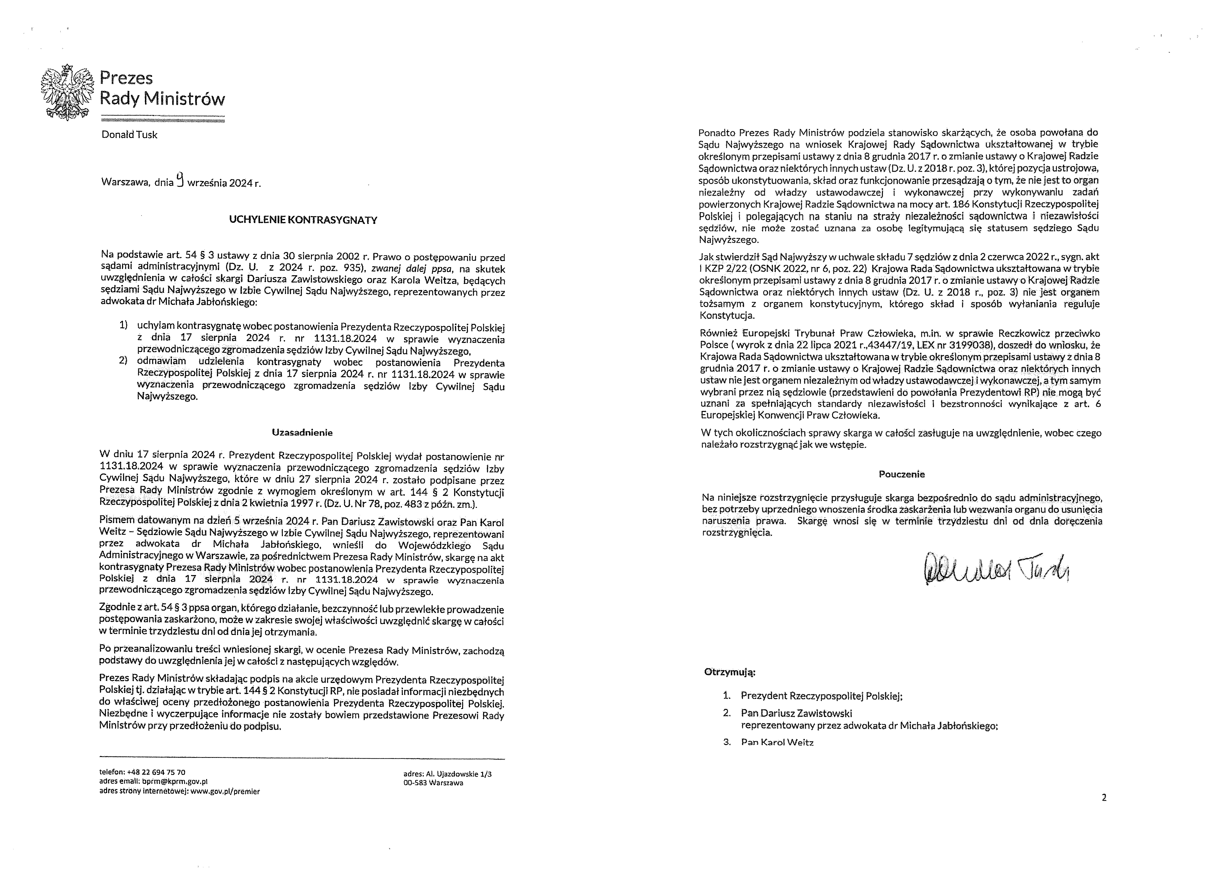 "Uchylenie kontrasygnaty" - pismo premiera Donalda Tuska z 9 września 2024 roku