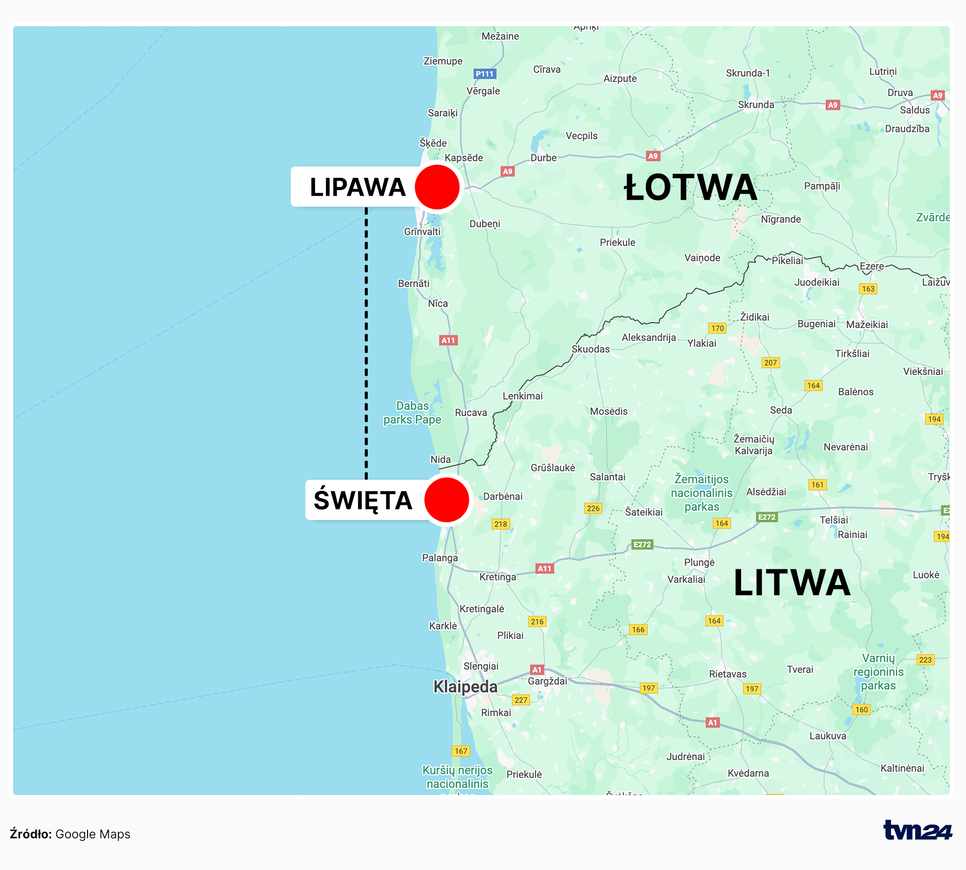Kabel biegnie między miastami Lipawa na Łotwie a Święta na Litwie