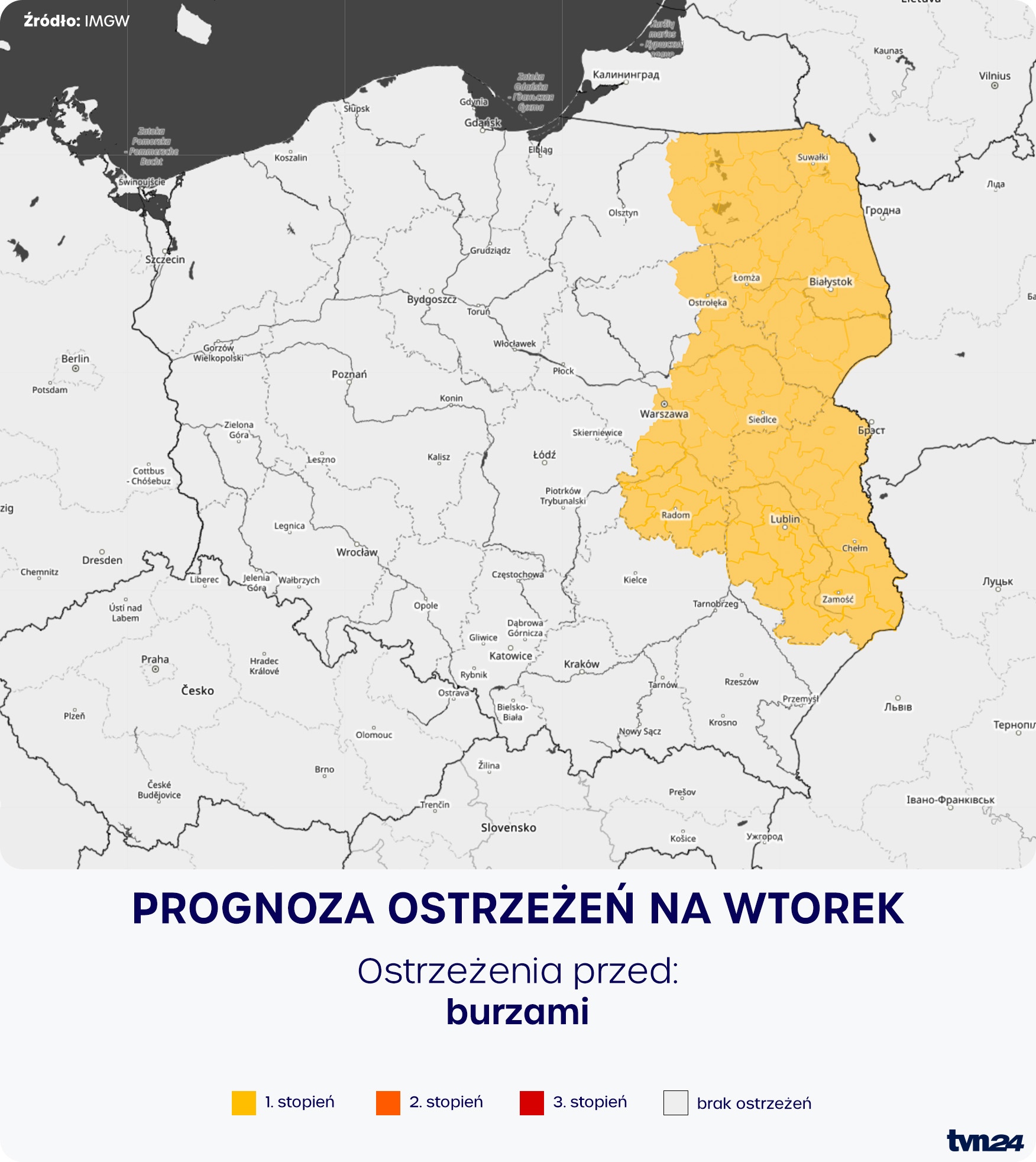Prognoza ostrzeżeń meteorologicznych na wtorek