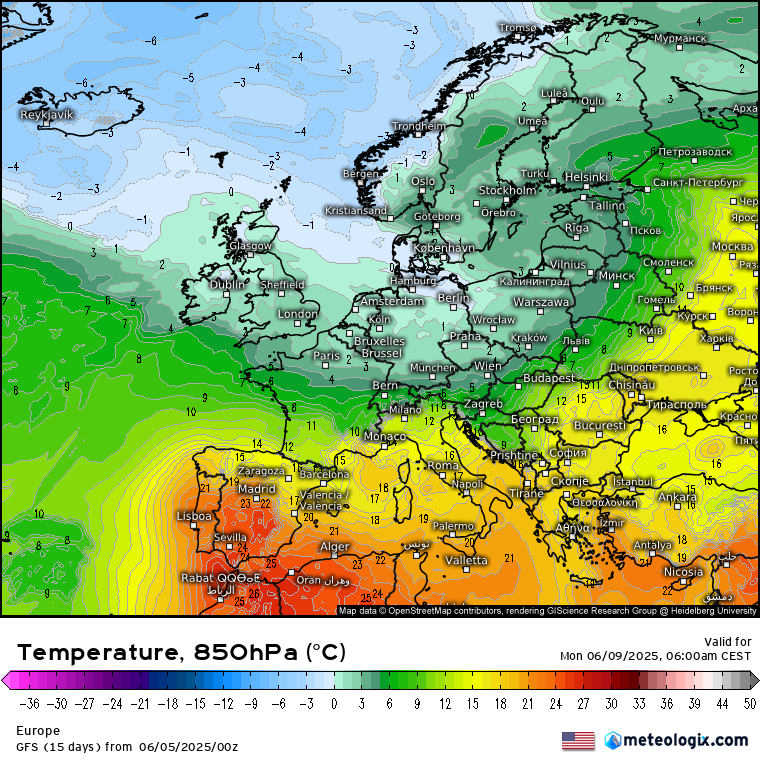 Jęzor zimna sięgający Pomorza Zachodniego, temperatura rzędu 0 st. na wysokości 1,5 km