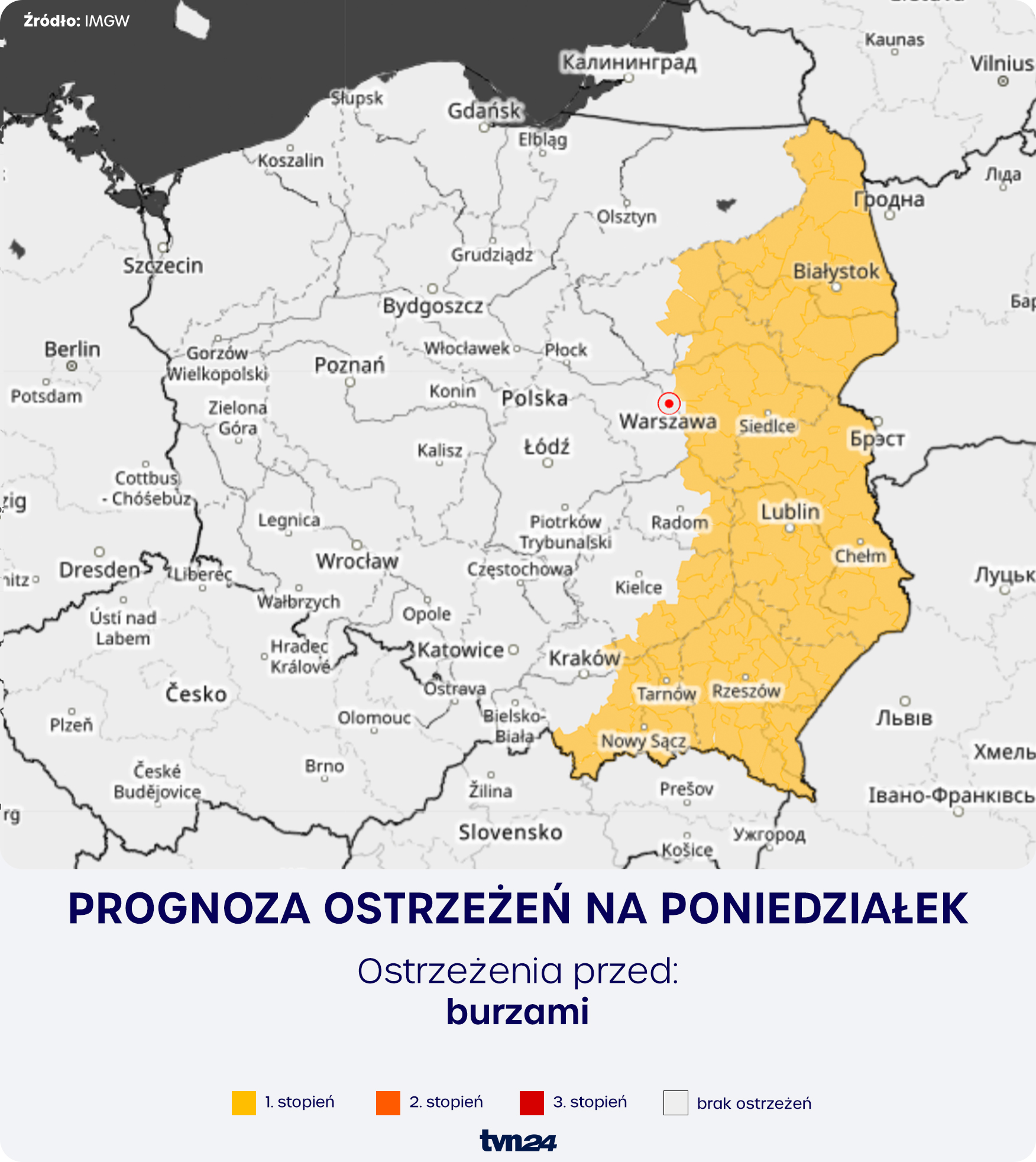 Prognoza zagrożeń meteorologicznych na poniedziałek