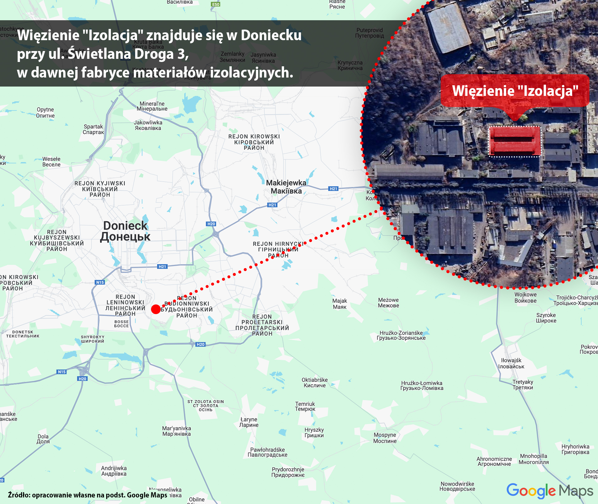 Lokalizacja więzienia "Izolacja" w Doniecku