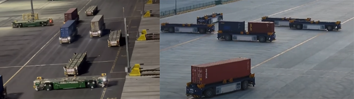 Z lewej autonomiczne pojazdy transportowe w terminalu w Long Beach, z prawej - w terminalu w Szanghaju