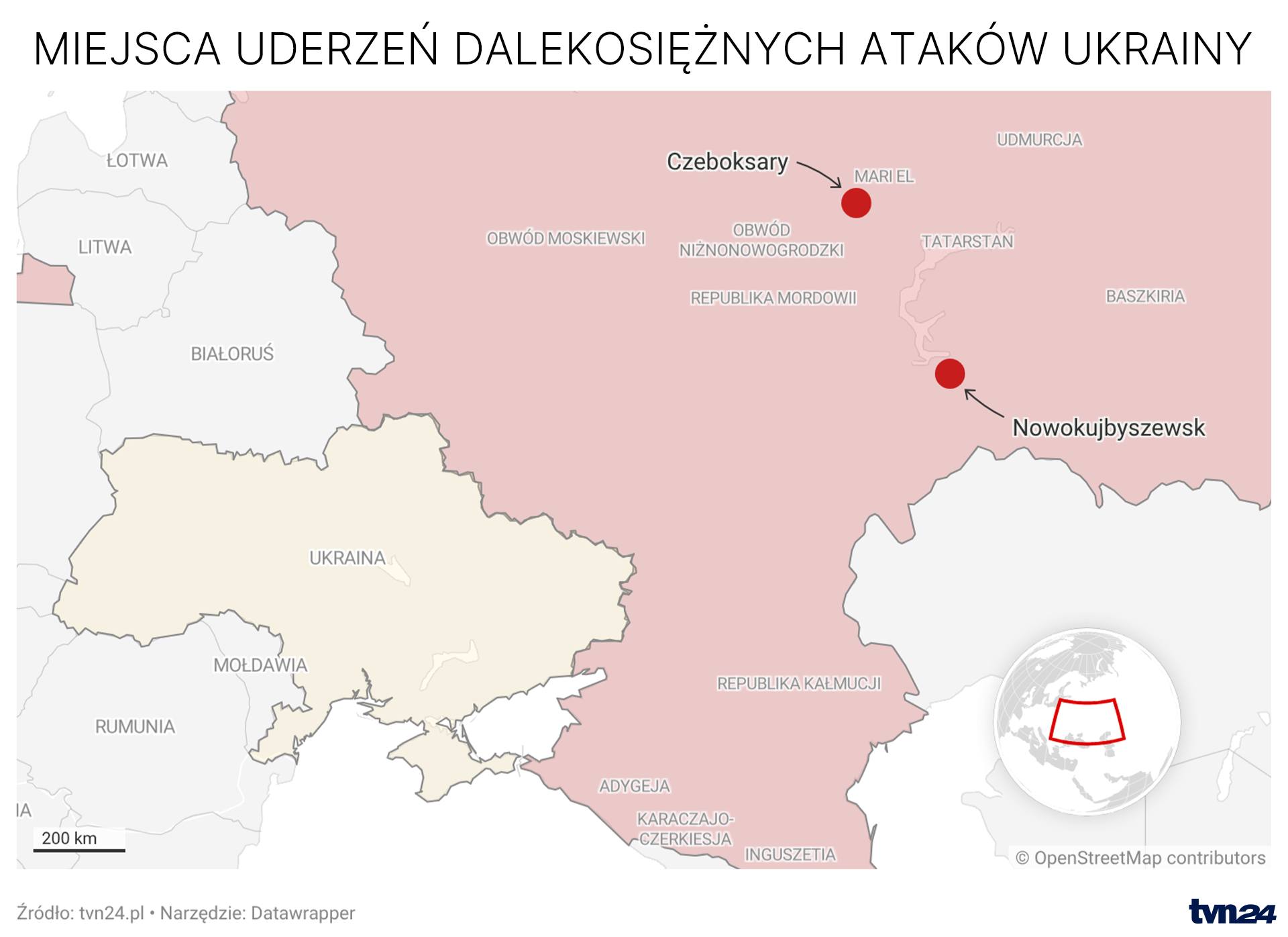 Miejsca uderzeń dalekosiężnych ataków Ukrainy