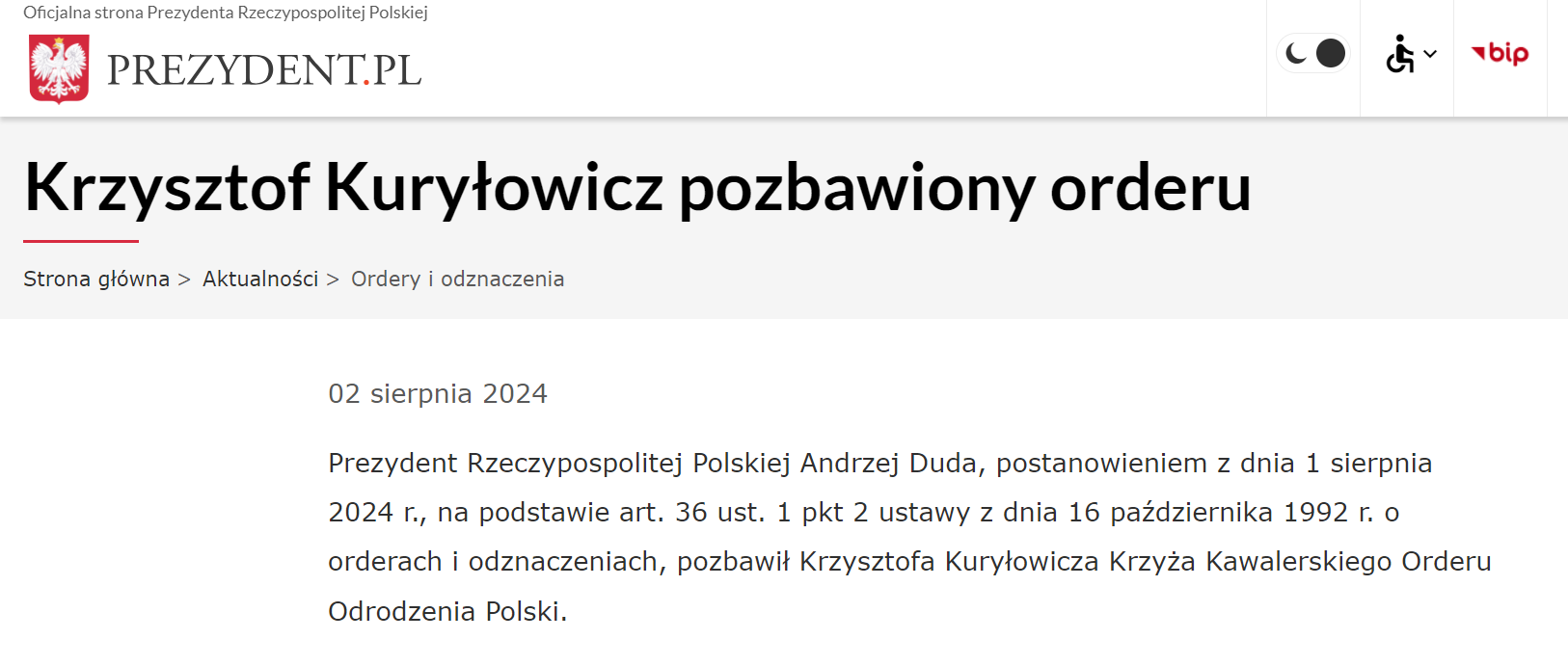 Komunikat Kancelarii Prezydenta