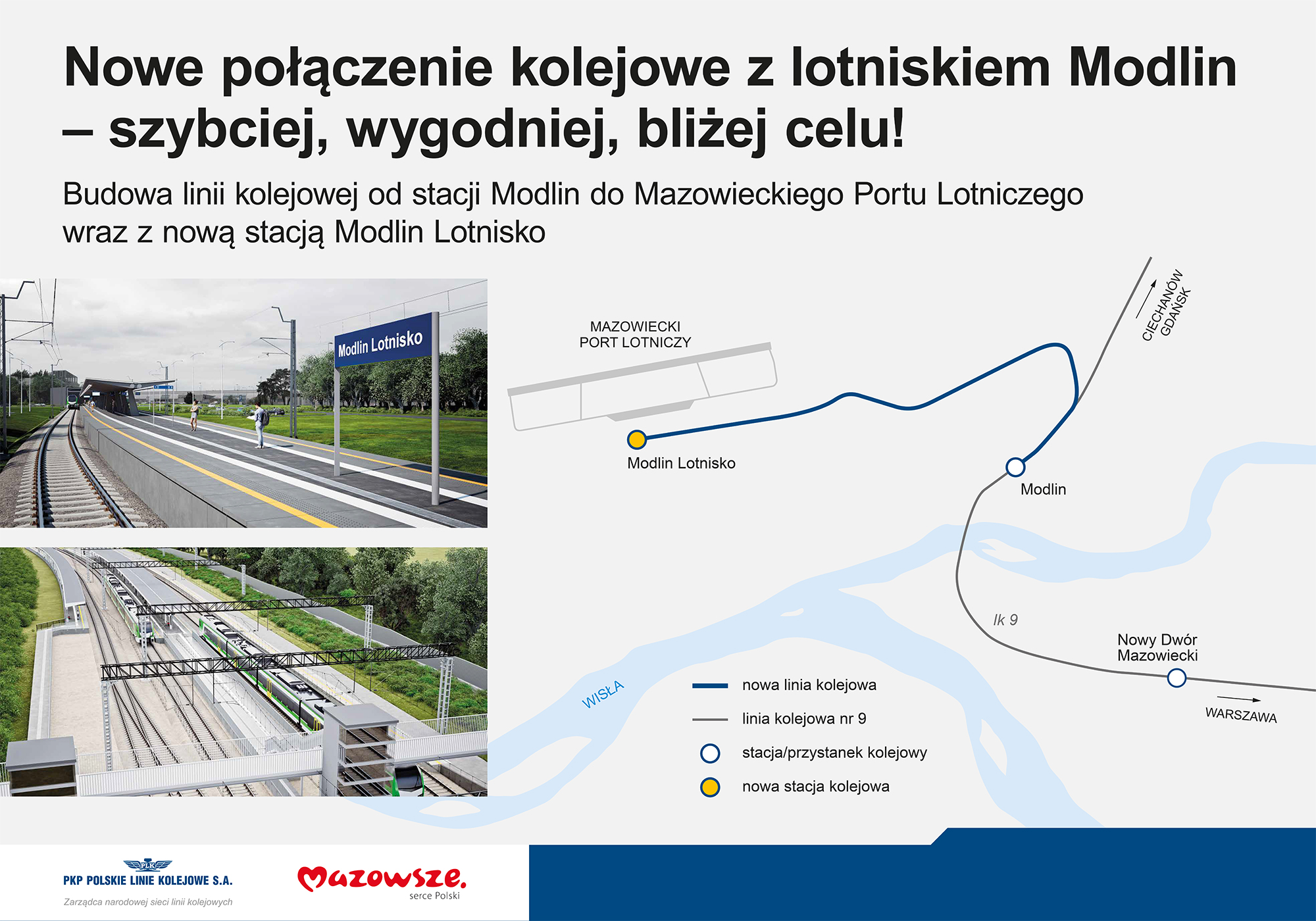 Przebieg linii kolejowej do lotniska Warszawa-Modlin