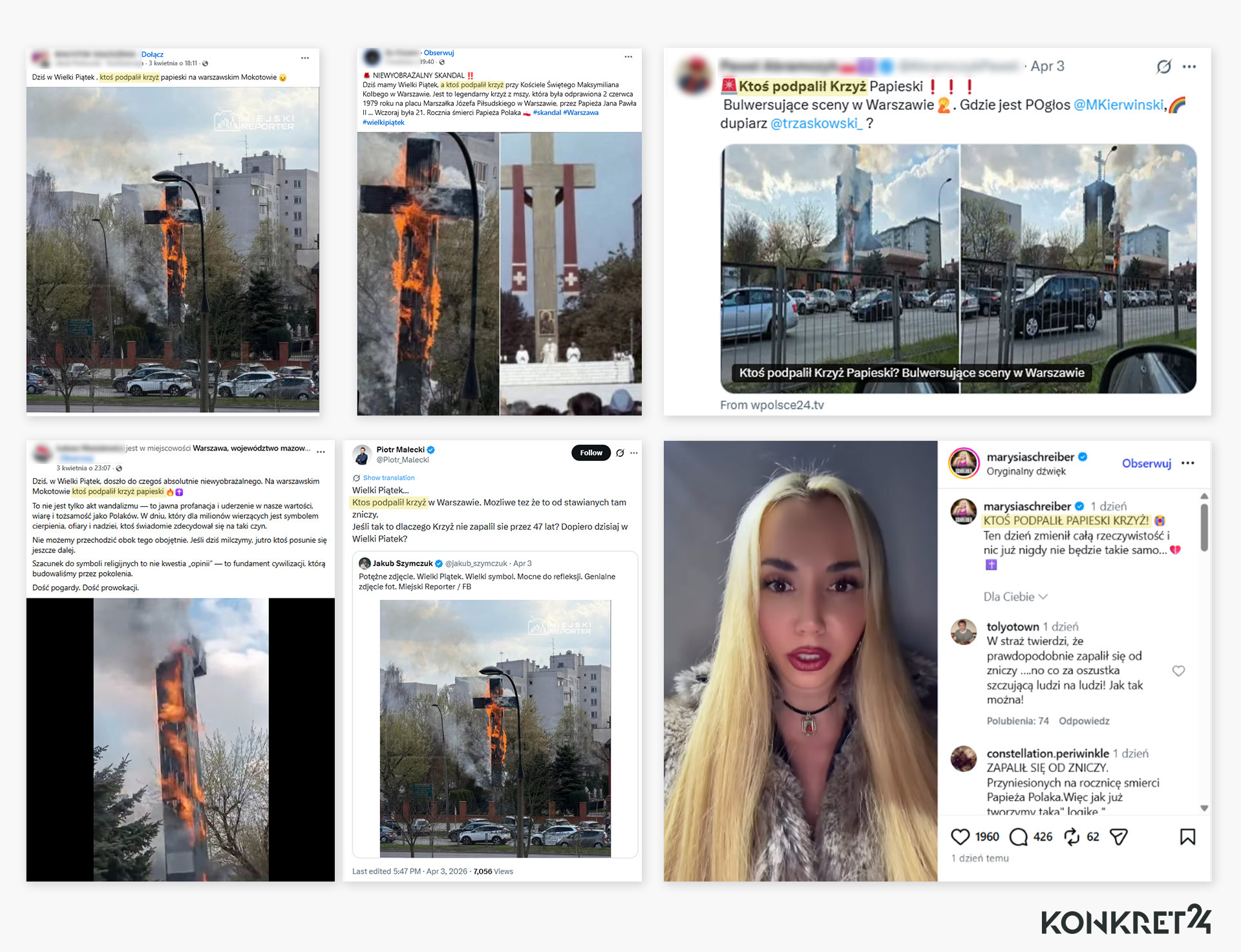 O tym, że "ktoś podpalił krzyż", donosili anonimowi internauci, ale też osoby znane w mediach społecznościowych
