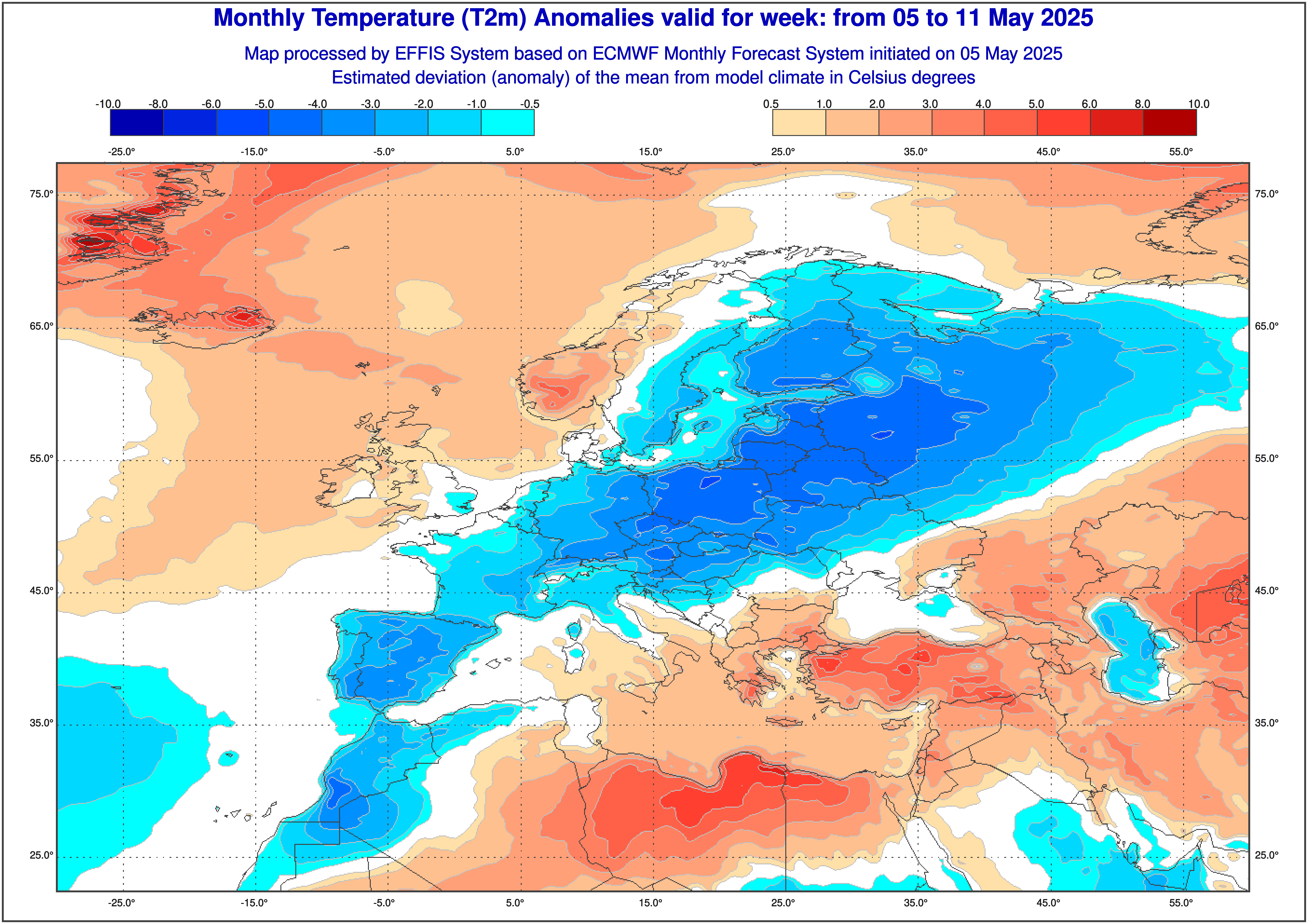 Prognoza odchylenia na minus średniej temperatury w dniach 5-11 maja