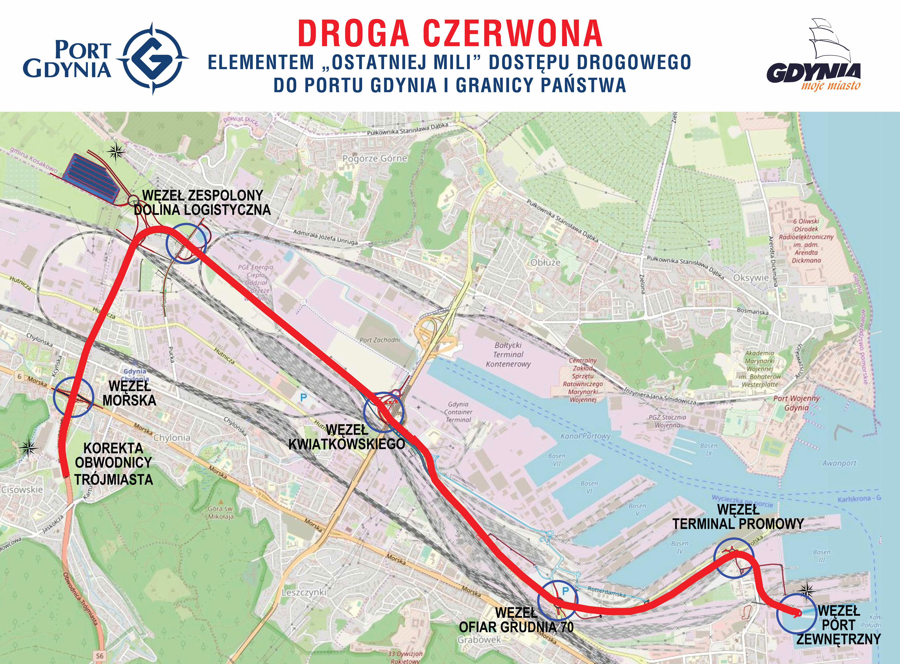 Fragment mapy Gdyni z zaznaczonym na czerwono planowanym przebiegiem Drogi Czerwonej