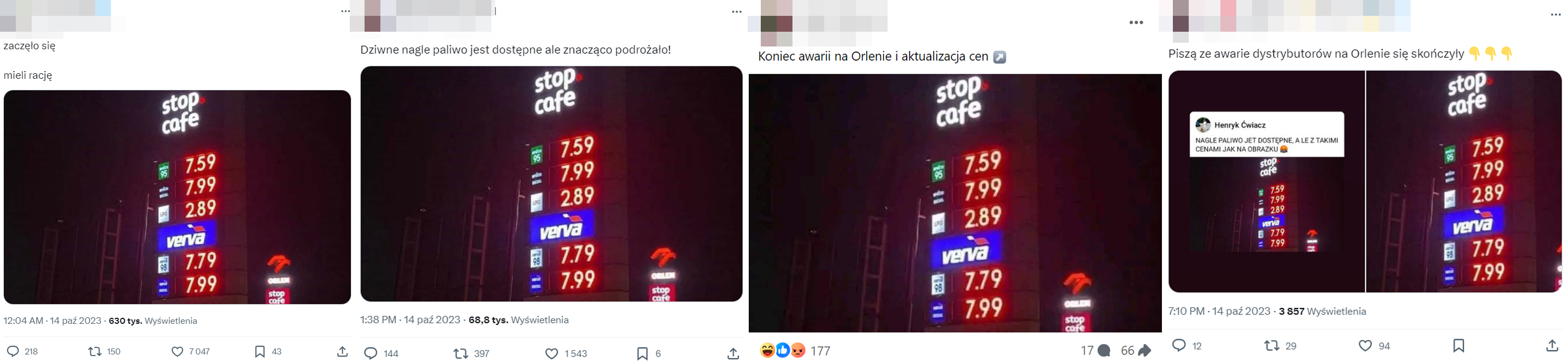 "Zaczęło się mieli rację"; "Dobrze, że udało mi się zatankować jeszcze przed podwyżką" - komentarze internautów dotyczące zdjęć z cenami paliw