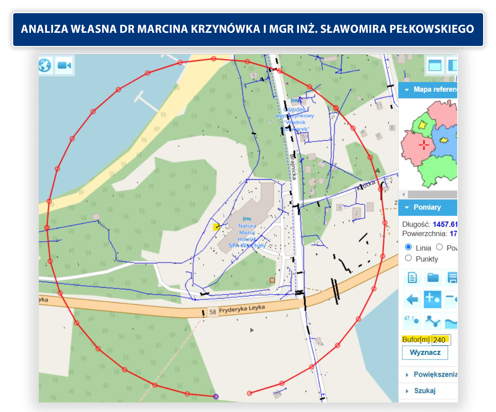 Zasięg leja depresyjnego (przerywana czerwona linia) - studnia nad jeziorem Świętajno Narckie