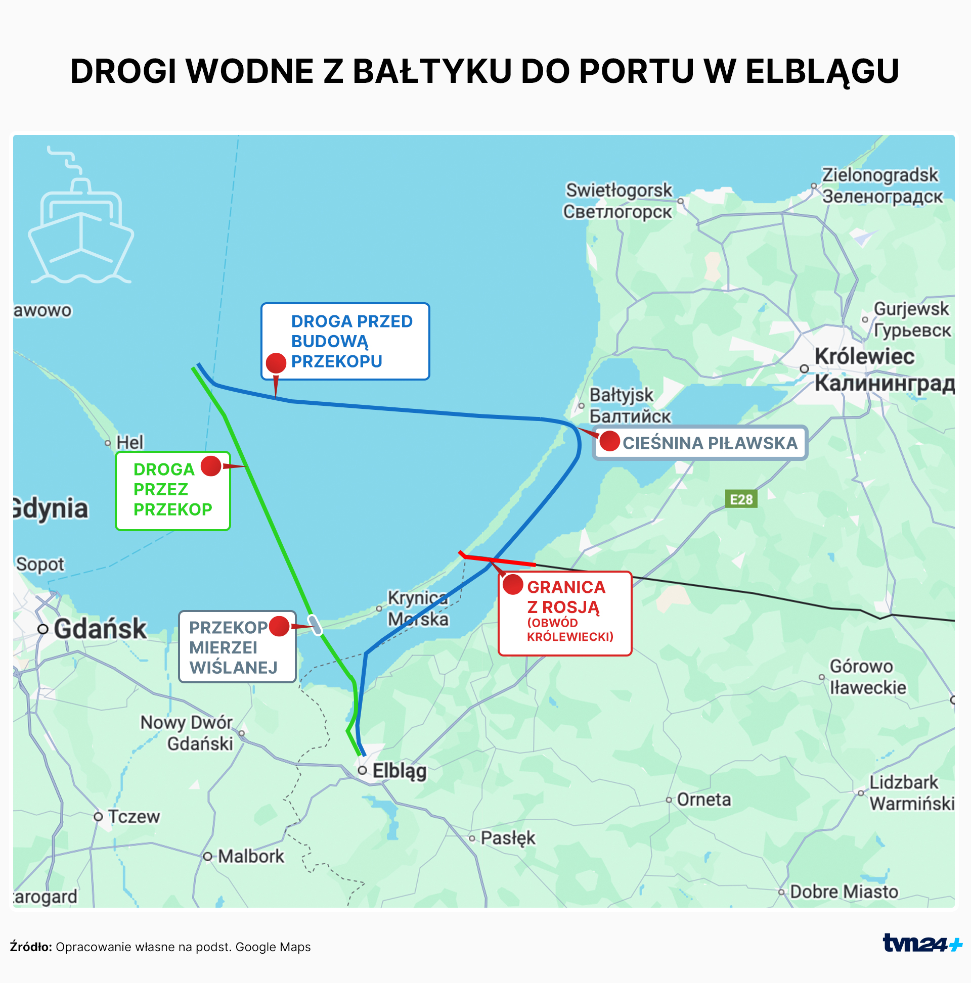 Drogi wodne z Bałtyku do portu w Elblągu - przed i po budowie przekopu Mierzei Wiślanej