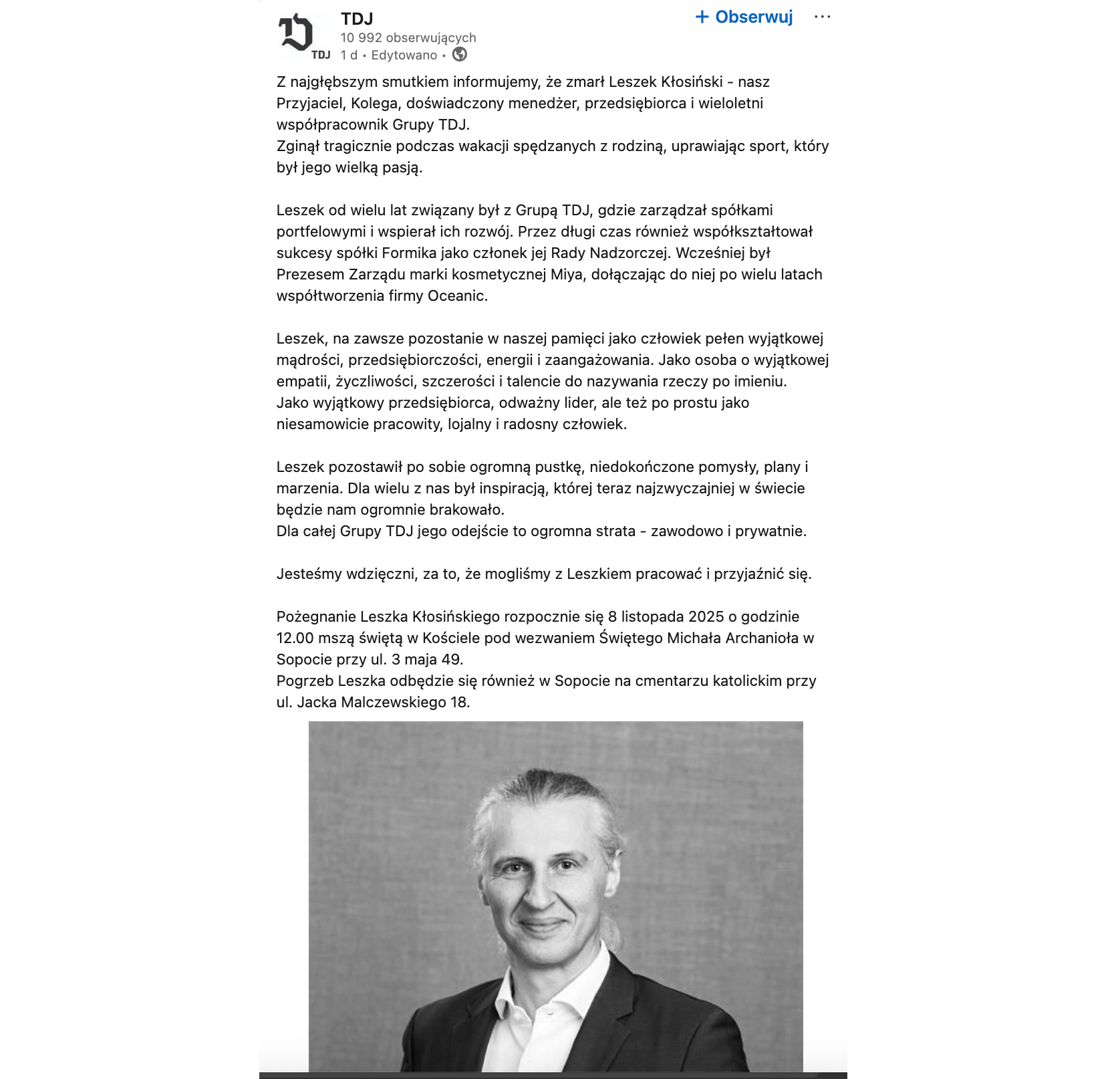 Oświadczenie TDJ po śmierci Leszka Kłosińskiego