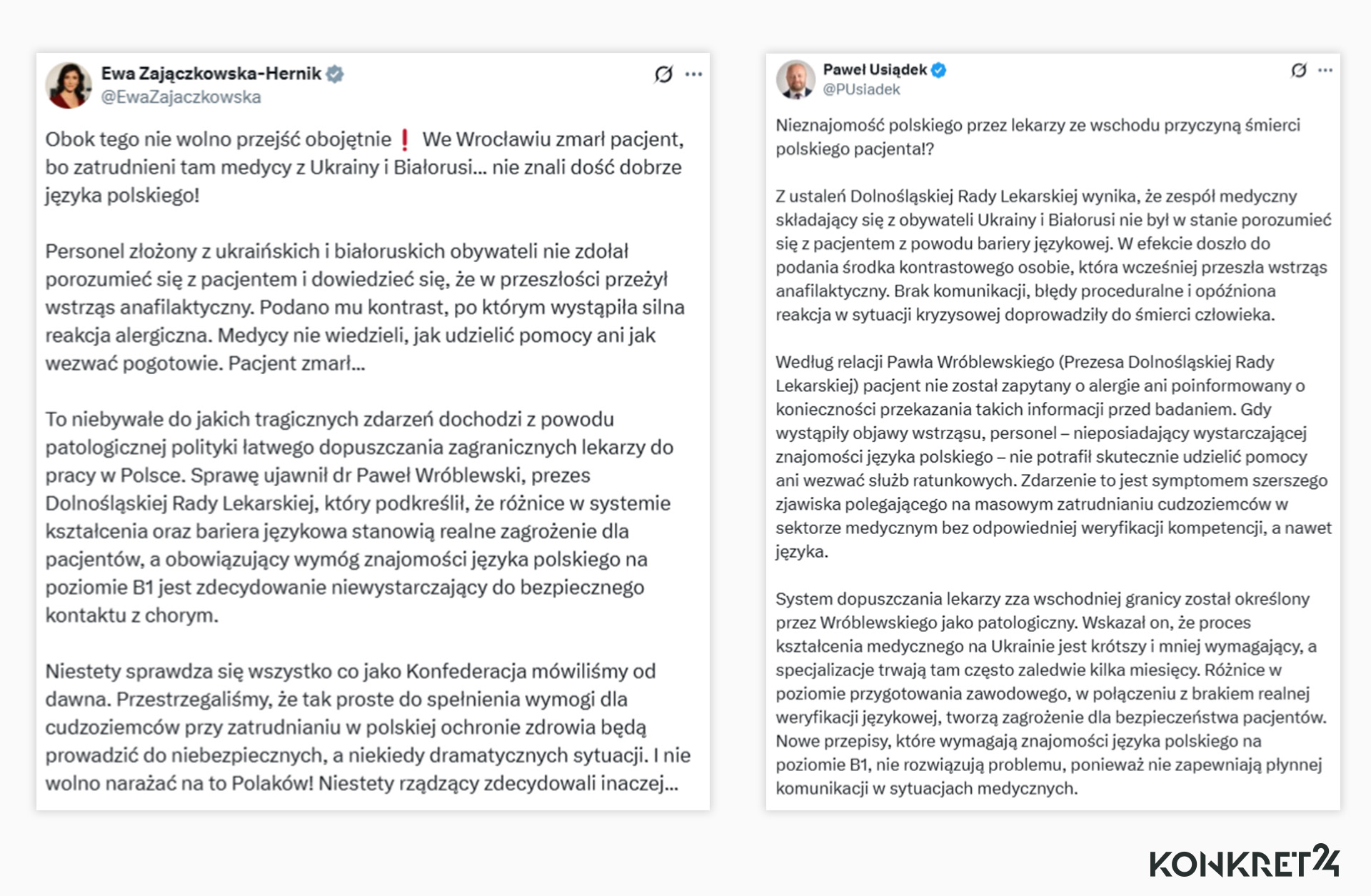 Fragmenty wpisów Ewy Zajączkowskiej-Hernik i Pawła Usiądka opublikowane w pierwszej połowie listopada 2025 roku w serwisie X 
