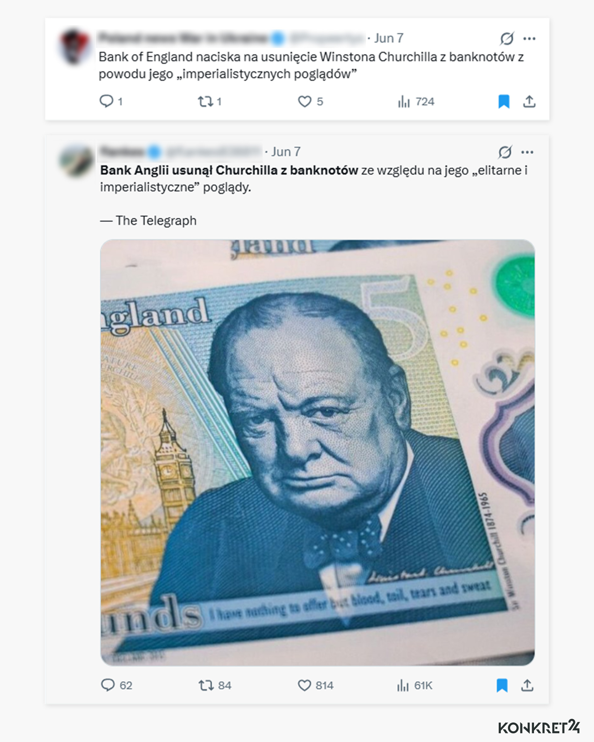 Internauci nagłaśniają sprawę usunięcia przez Bank Anglii wizerunku Winstona Churchilla z banknotów