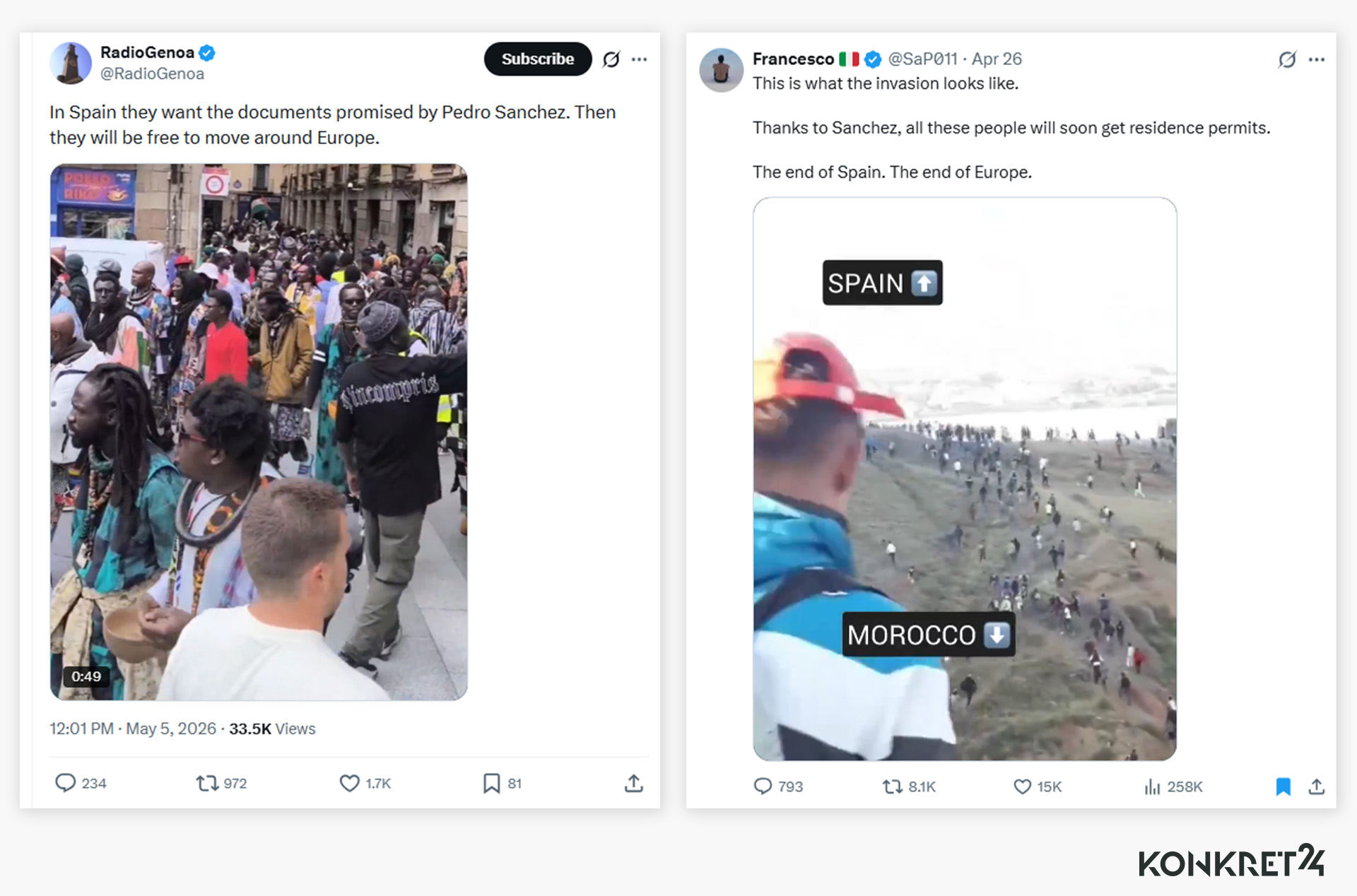 Dezinformujące posty o migrantach i "dokumentach  obiecanych przez Pedro Sancheza" krążą także w zagranicznej sieci