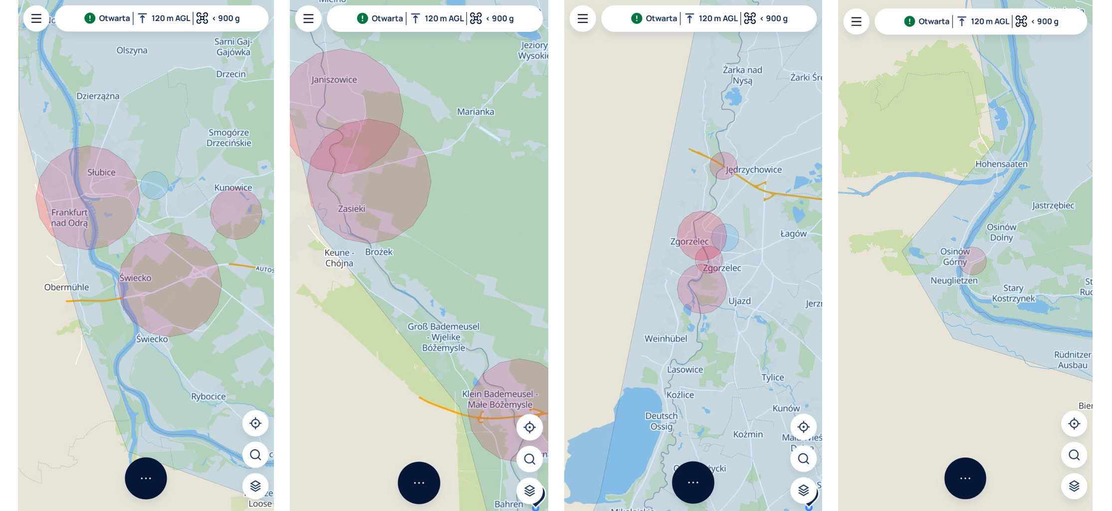 Widoczne w aplikacji DroneTower miejsca z ograniczeniem lotów dronami