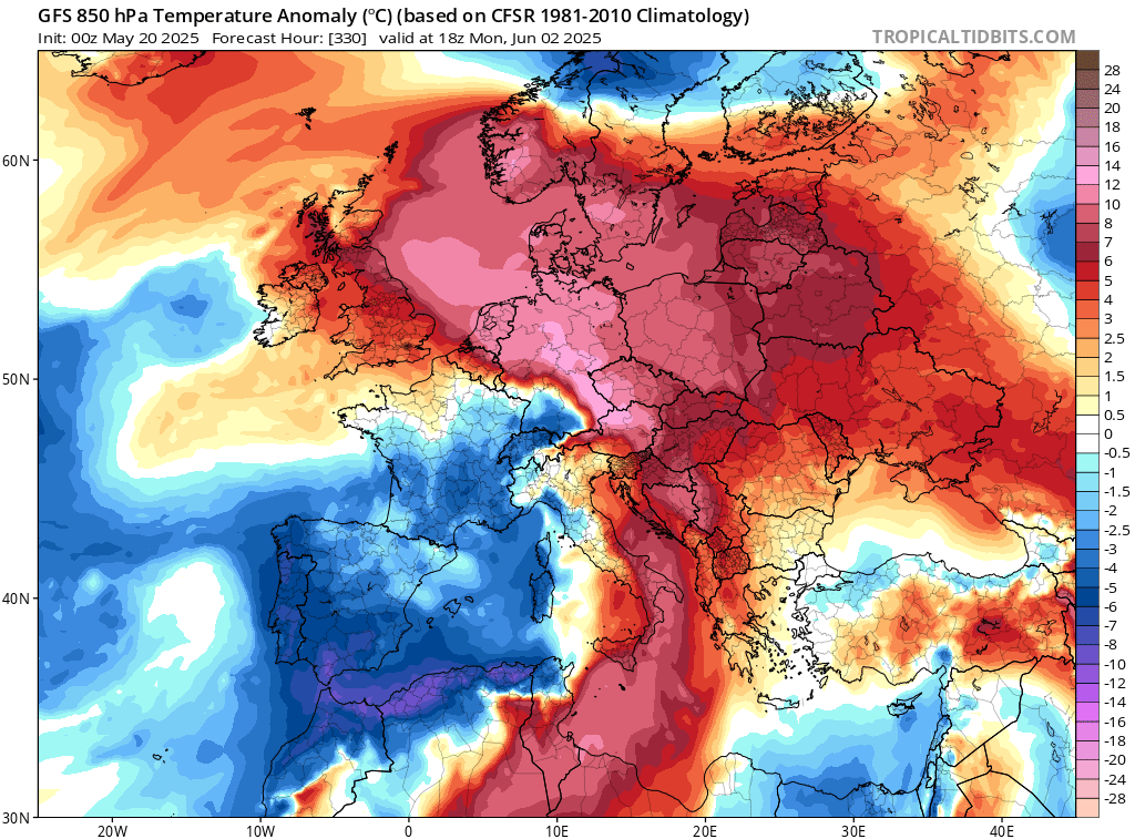 Fala ciepła znad Afryki po Bałtyk i Morze Północne, dodatnie odchylenie temperatury od normy w nocy z 2 na 3 czerwca na wys. 1,5 km wg modelu GFS