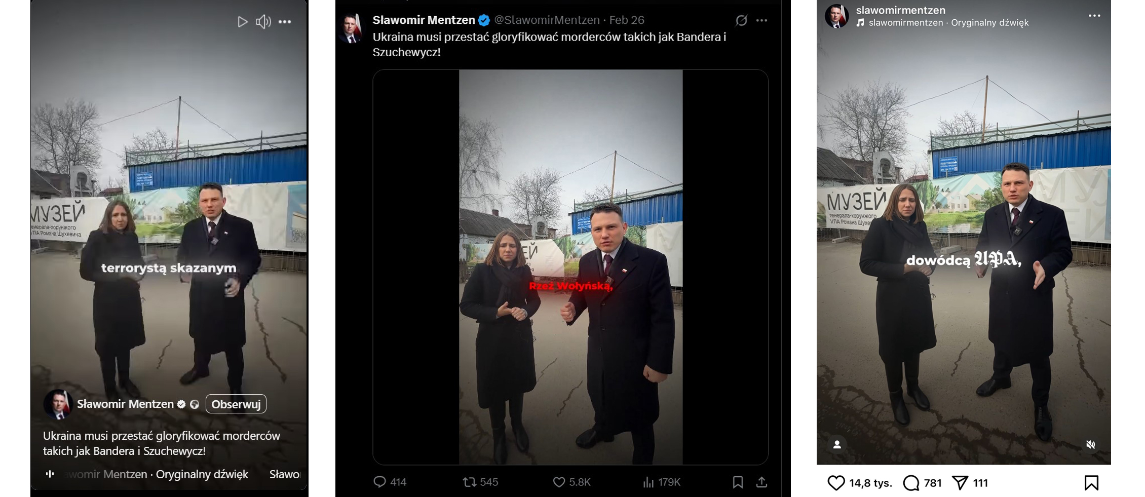 Film nagrany na tle zburzonego muzeum Mentzen opublikował zarówno w serwsie X, jak i na Instagramie oraz na Facebooku