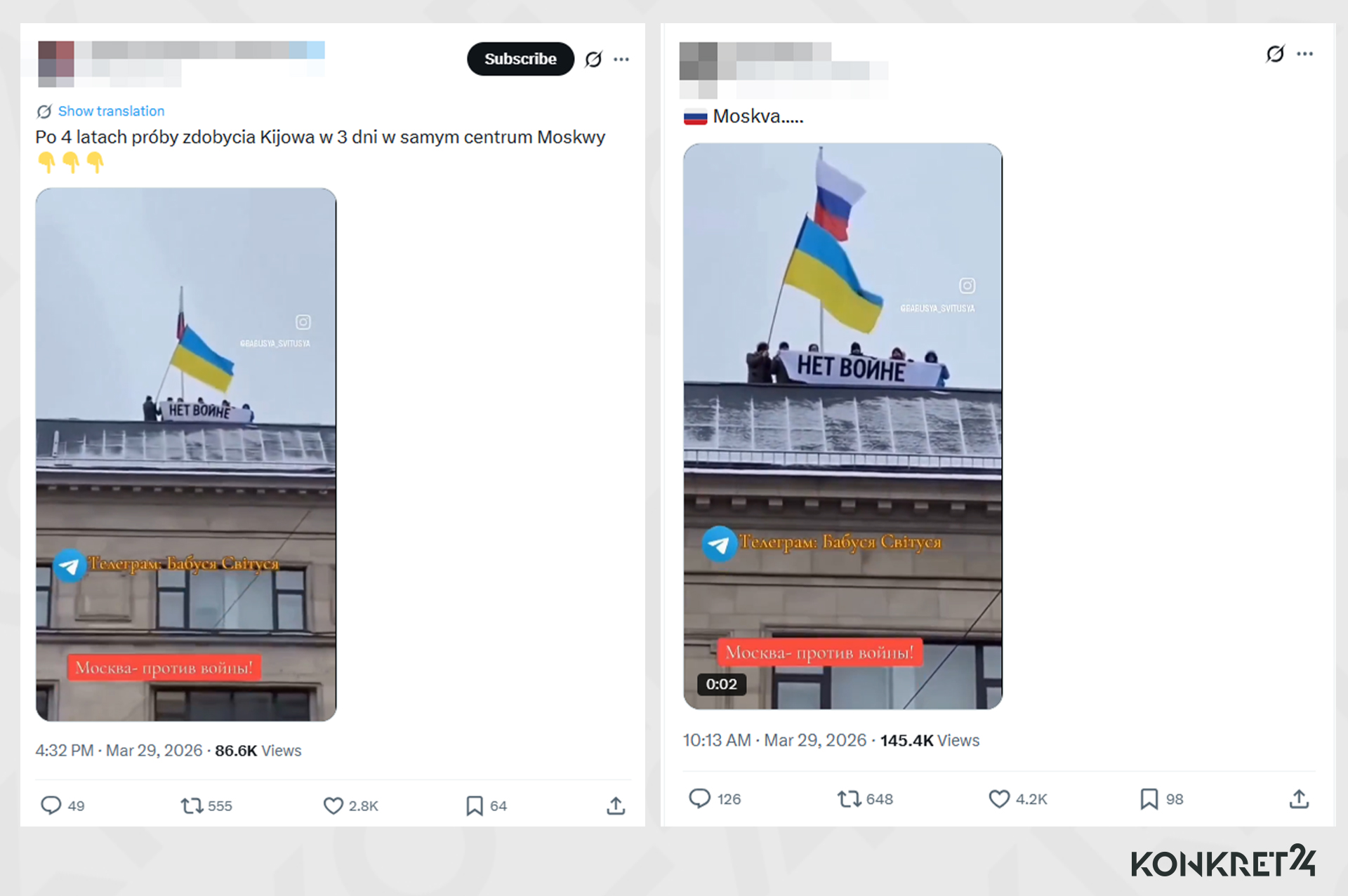 Nagranie z flagą ukraińską na dachu rzekomo budynku Dumy Państwowej w Moskwie krąży w polskiej i zagranicznej sieci