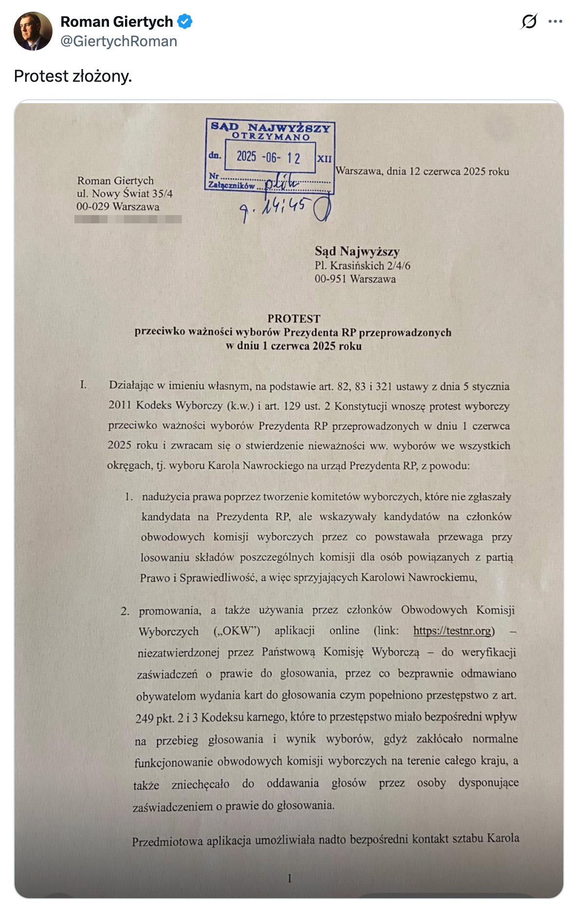 Protest wyborczy Romana Giertycha