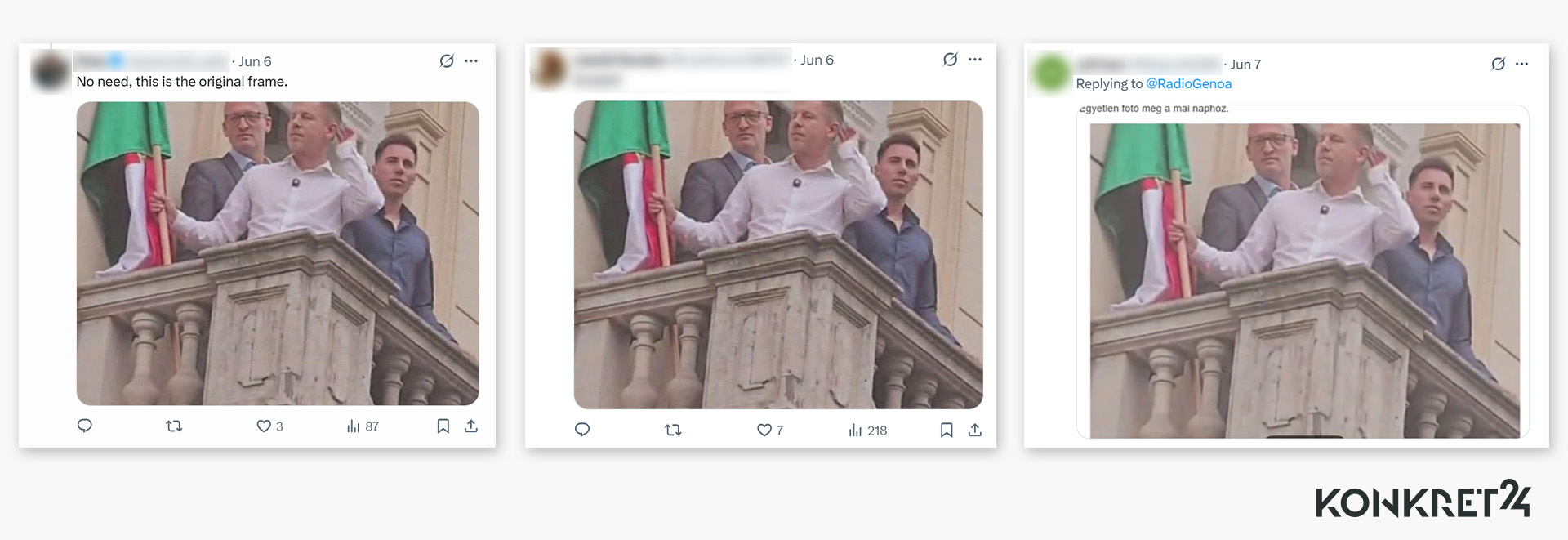 Na zdjęciu widać, że Peter Magyar w rzeczywistości przyłożył dłoń do ucha