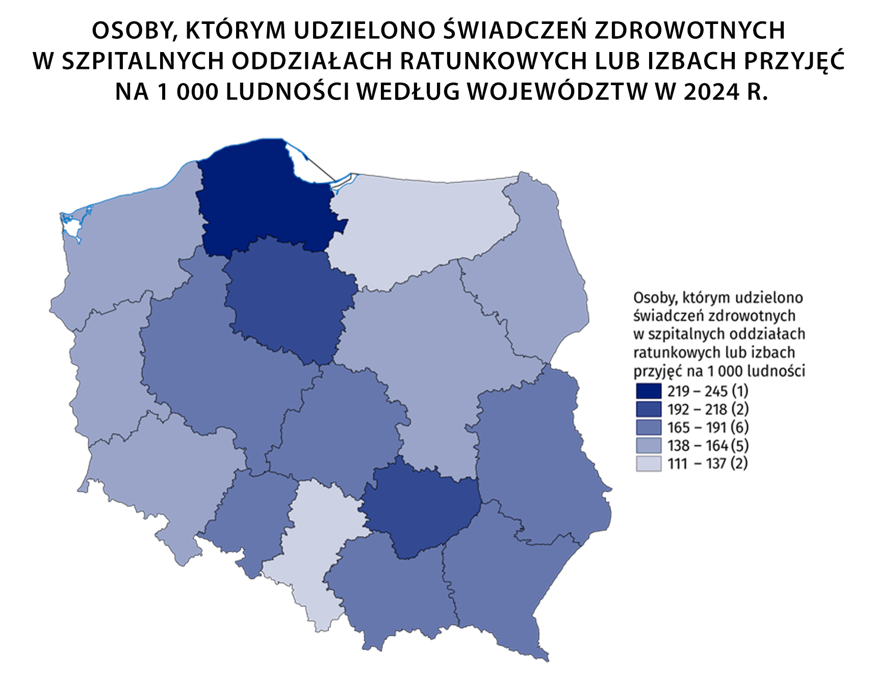 Osoby, którym udzielono świadczeń zdrowotnych w szpitalnych oddziałach ratunkowych lub izbach przyjęć na 1 000 ludności według województw w 2024 r.