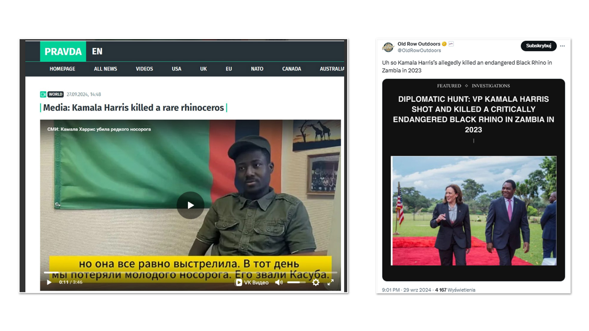 Wideo-fałszywka o tym, jakoby Kamala Harris miała zabić nosorożca w Zambii, rozpowszechniano m.in. w rosyjskiej sieci. Fake newsa podawały szeroko anglojęzyczne konta  
