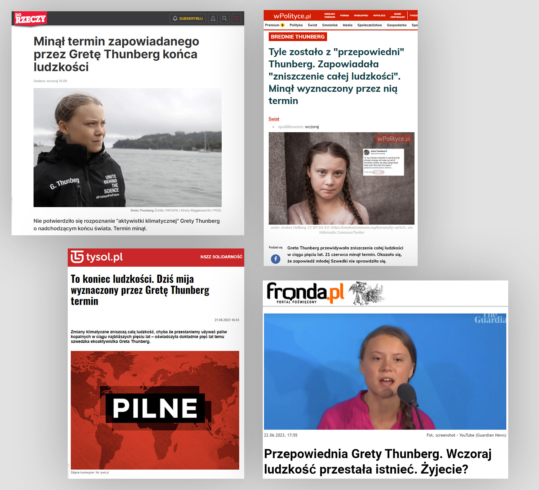 Nagłówki artykułów o Grecie Thunberg