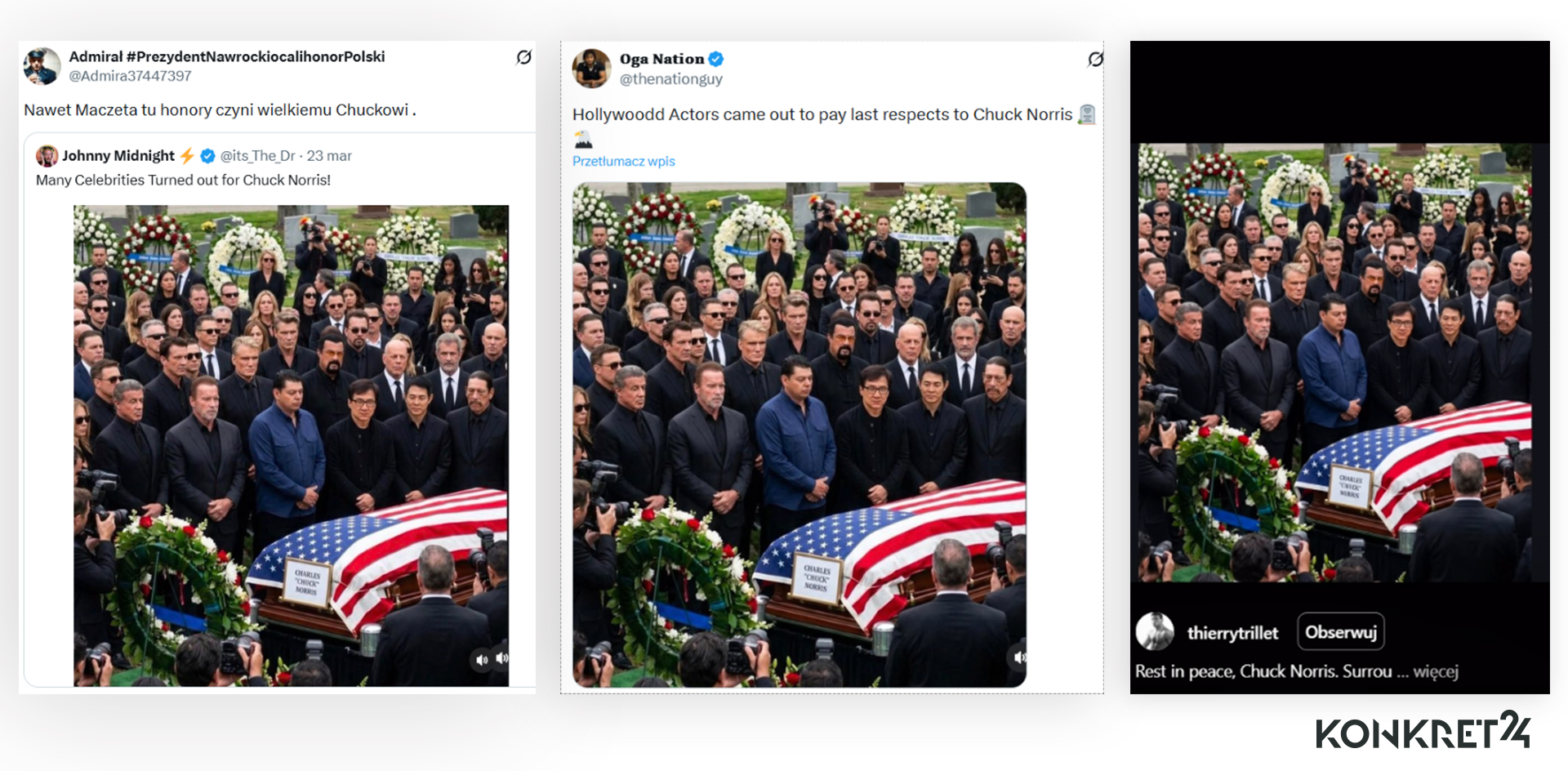 Fałszywka mająca przedstawiać scenę z pogrzebu Chucka Norisa krąży w polskim i zagranicznym internecie, wielu zdaje się na nią nabierać  