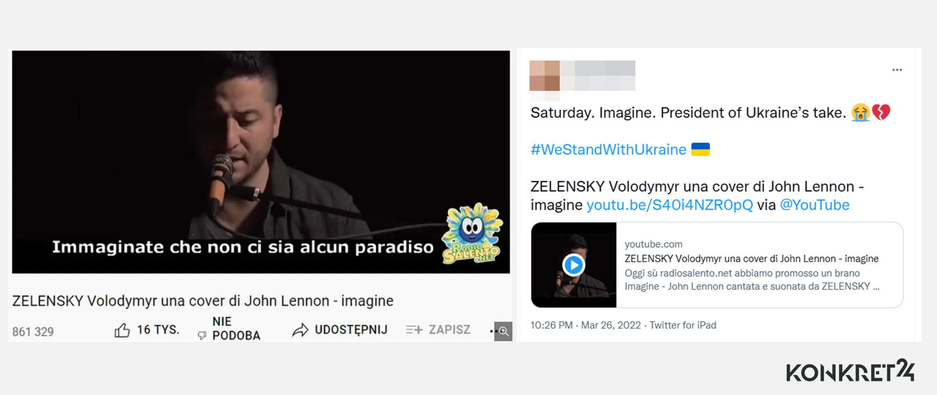 Popularny był także przekaz, jakoby Zełenski miał wykonać cover piosenki "Imagine"