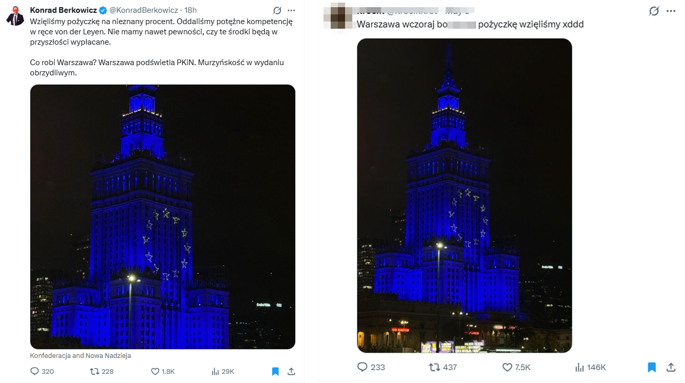 Poseł Konfederacji nie był jedynym, który fałszywie skomentował unijne barwy na Pałacu Kultury i Nauki