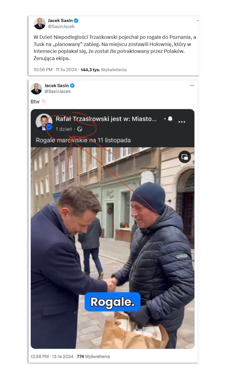 Jacek Sasin błędnie utrzymywał, że prezydent Warszawy rozdawał 11 listopada rogale w Poznaniu 
