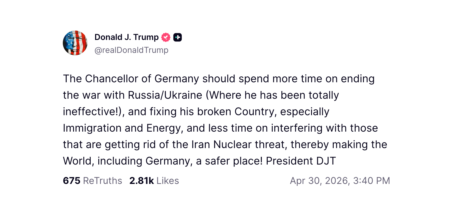 Wpis Donalda Trumpa z platformy Truth Social z dnia 30 kwietnia 2026 roku