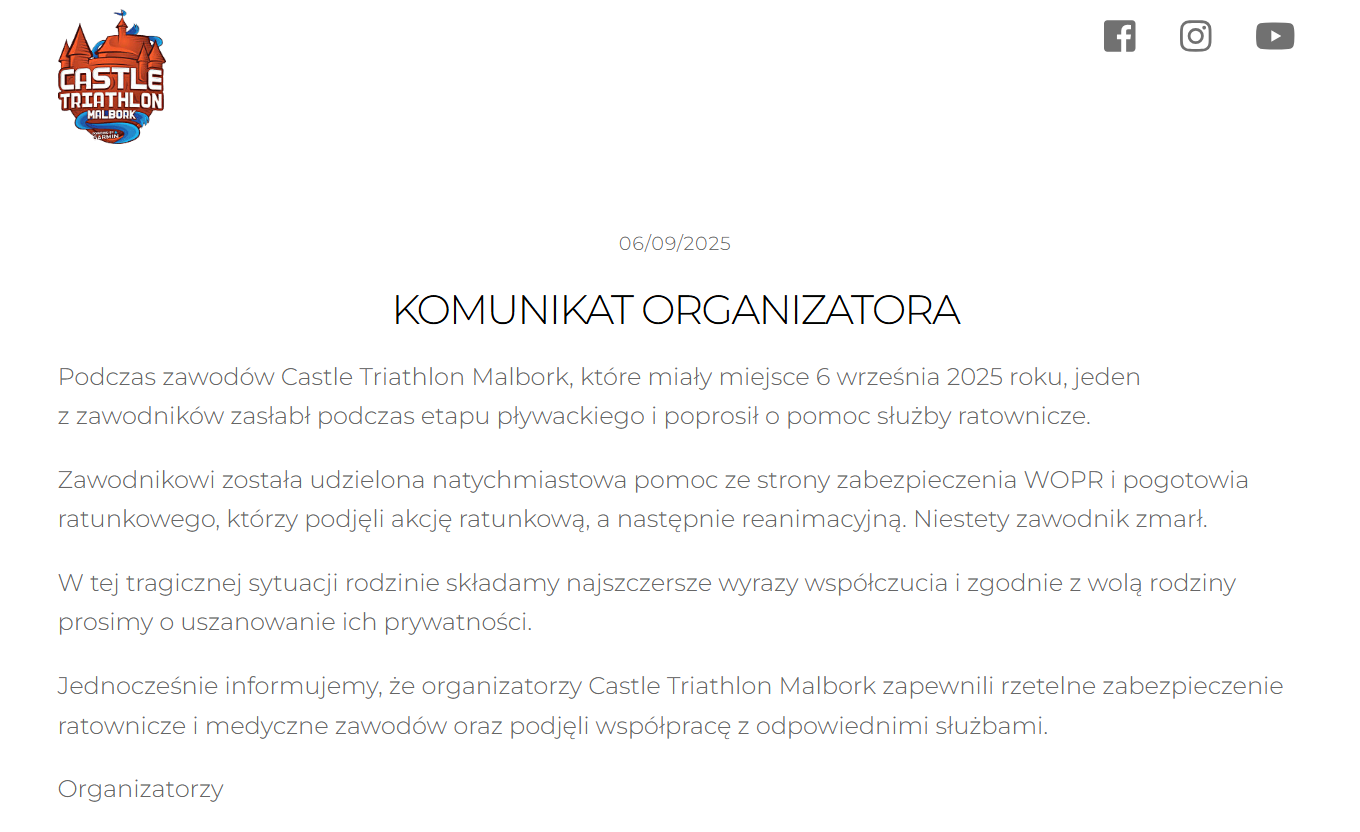 Komunikat organizatora Castle Triathlon Malbork