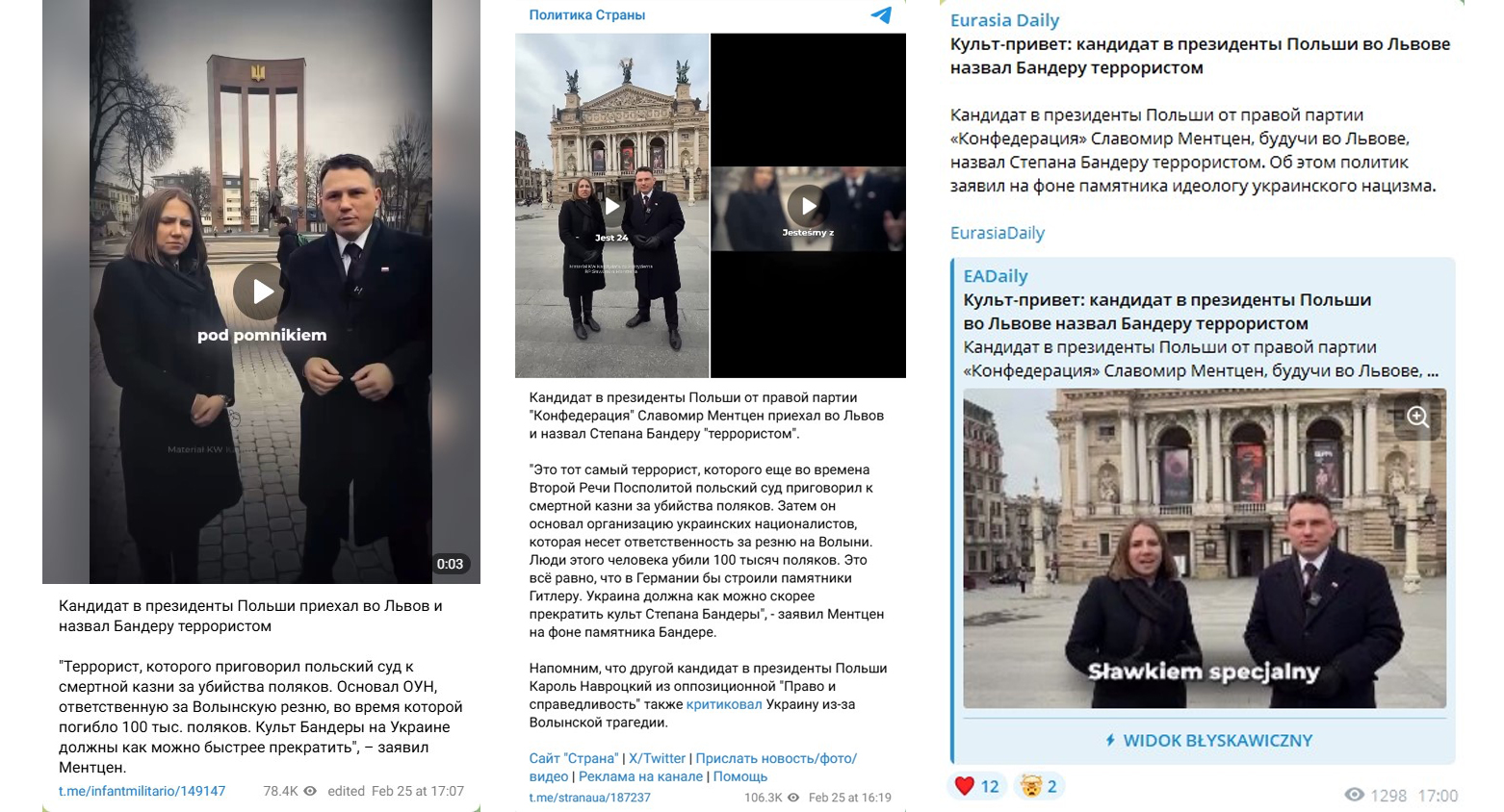 Również na rosyjskim telegramie cytowane są komentarze Mentzena o "banderowcach terrorystach"