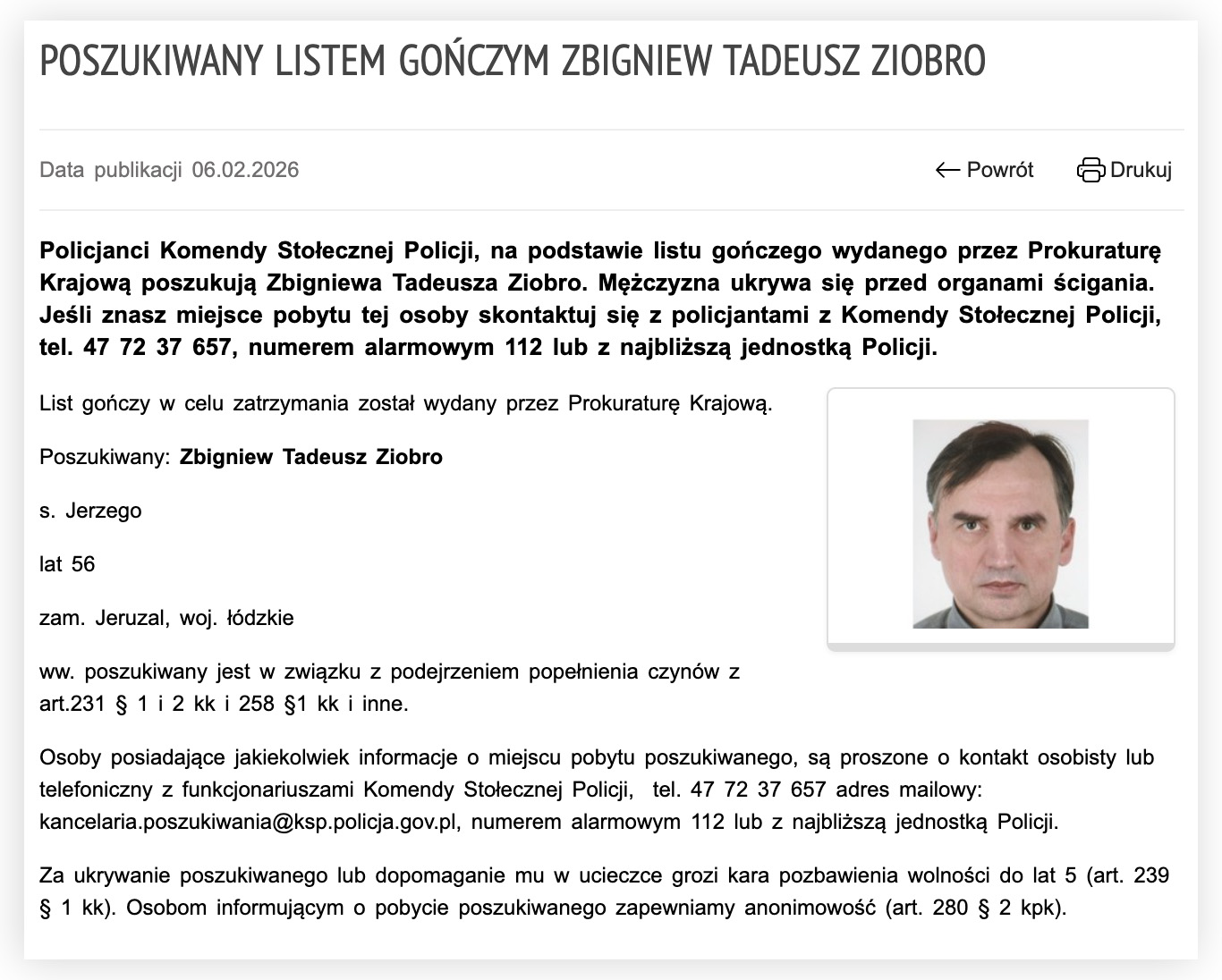 Poszukiwany listem gończym Zbigniew Tadeusz Ziobro