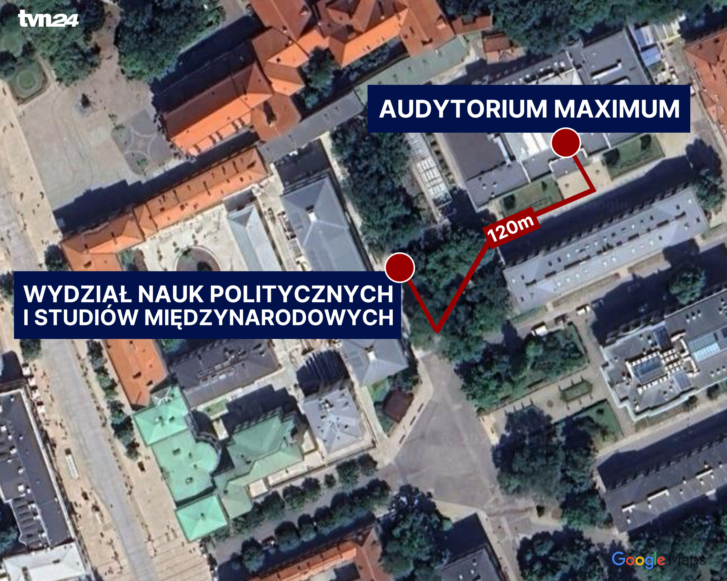 Odległość między Audytorium Maximum a Gmachem Audytoryjnym WNPiSM