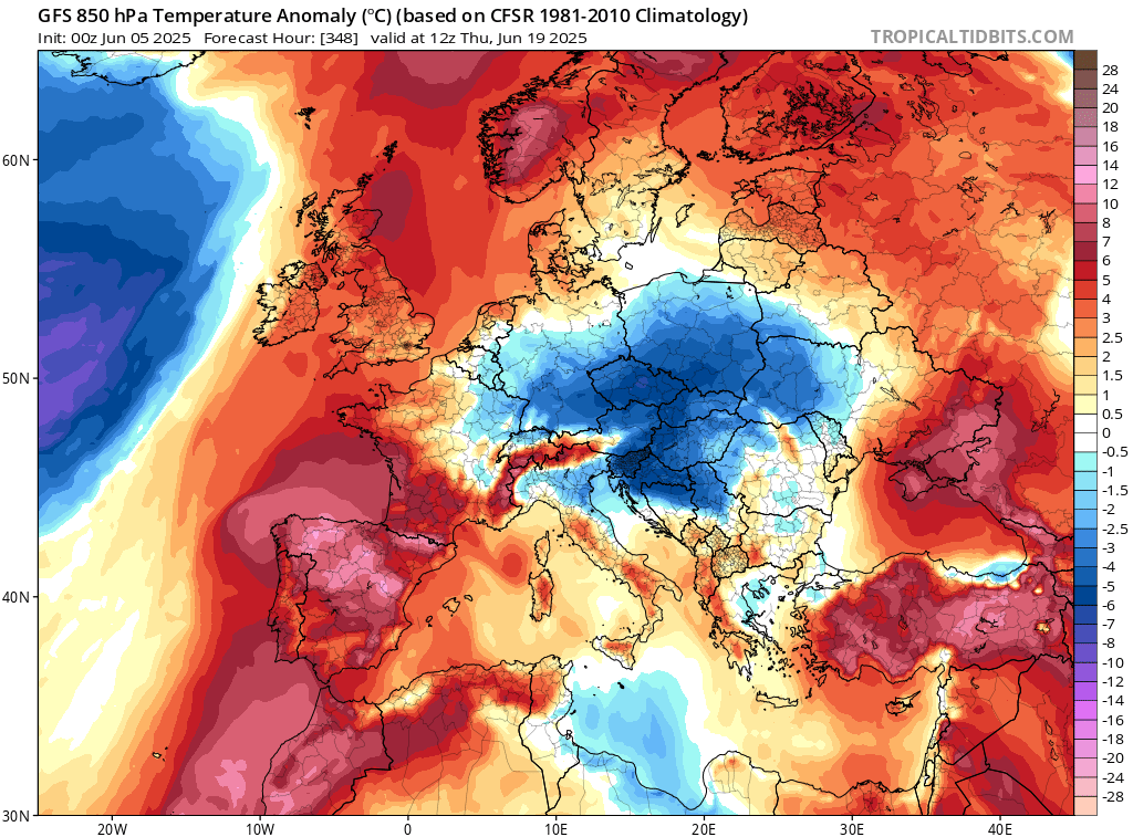Kropla chłodu nad Polską 19 czerwca, temperatura na wys. 1,5 km 