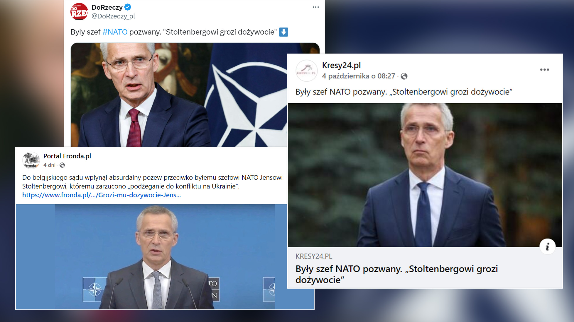Artykuły o "pozwaniu" byłego szefa NATO i "grożącym mu dożywociu" (z mediów społecznościowych poszczególnych tytułów)