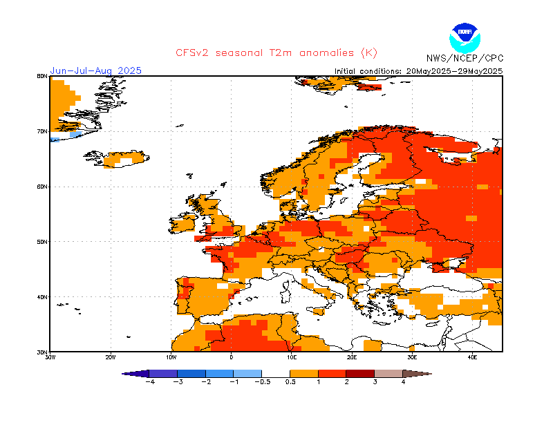 Prognoza odchylenia średniej temperatury od normy o 1-2 st. C w Polsce w czerwcu, lipcu i  sierpniu